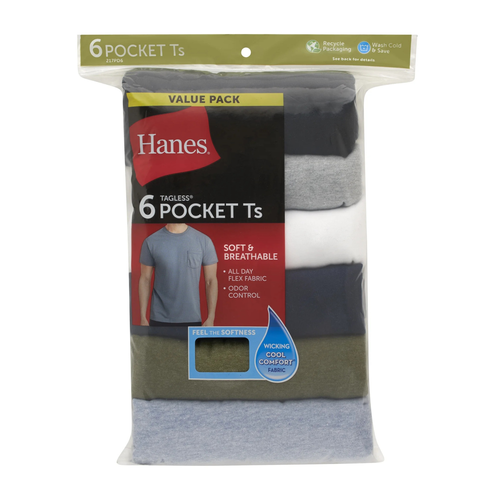 Hanes 6-Pack Pocket Tee Men’s T-Shirt Soft and Breathable Assorted