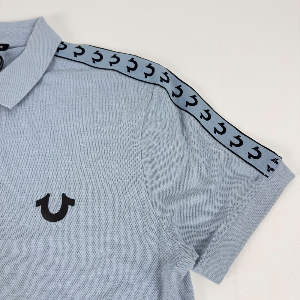 True Religion Polo Shirt Mens Small Sky Blue Logo Damask Cotton Blend Short Slve