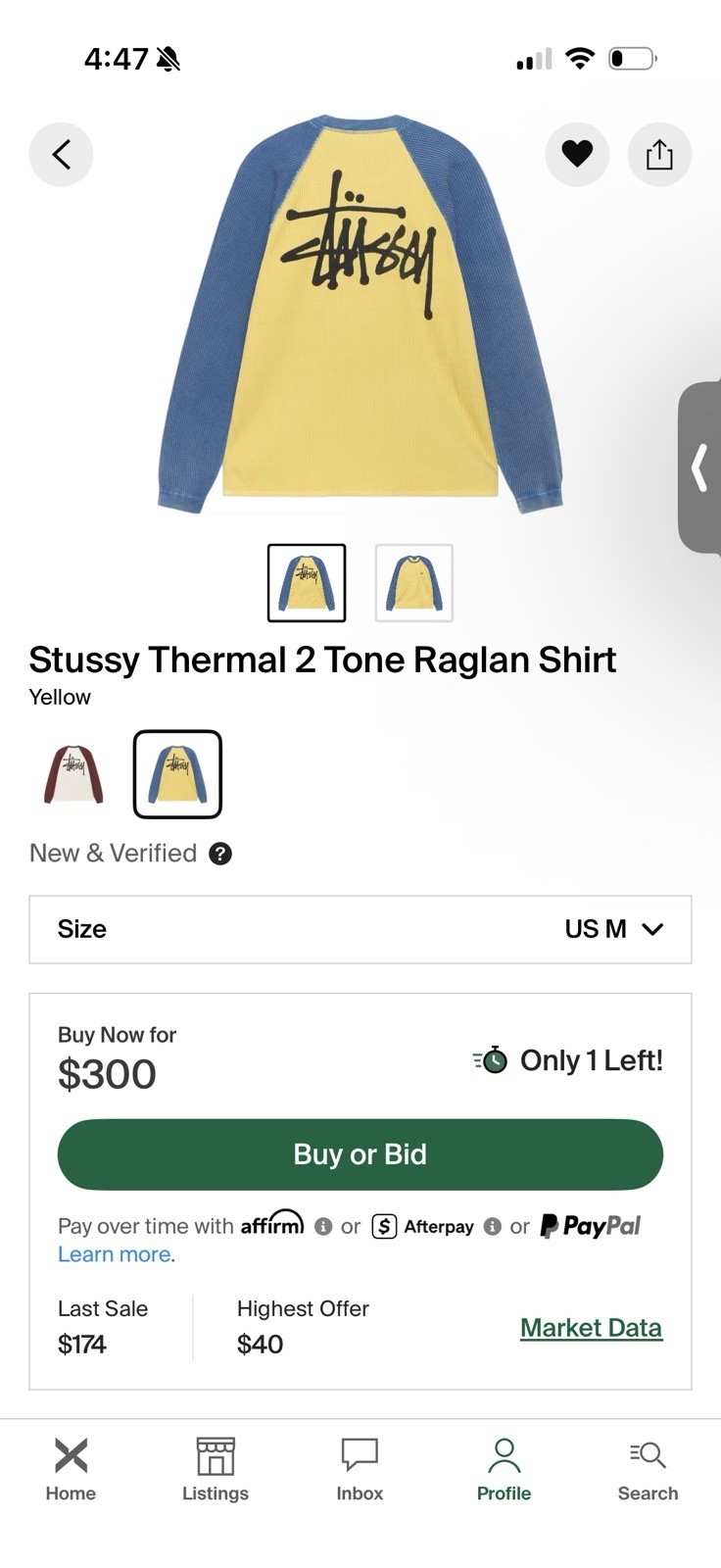 Stussy Men’s Cotton Thermal Colorblock Raglan Long Sleeve Crew Neck T-Shirt M