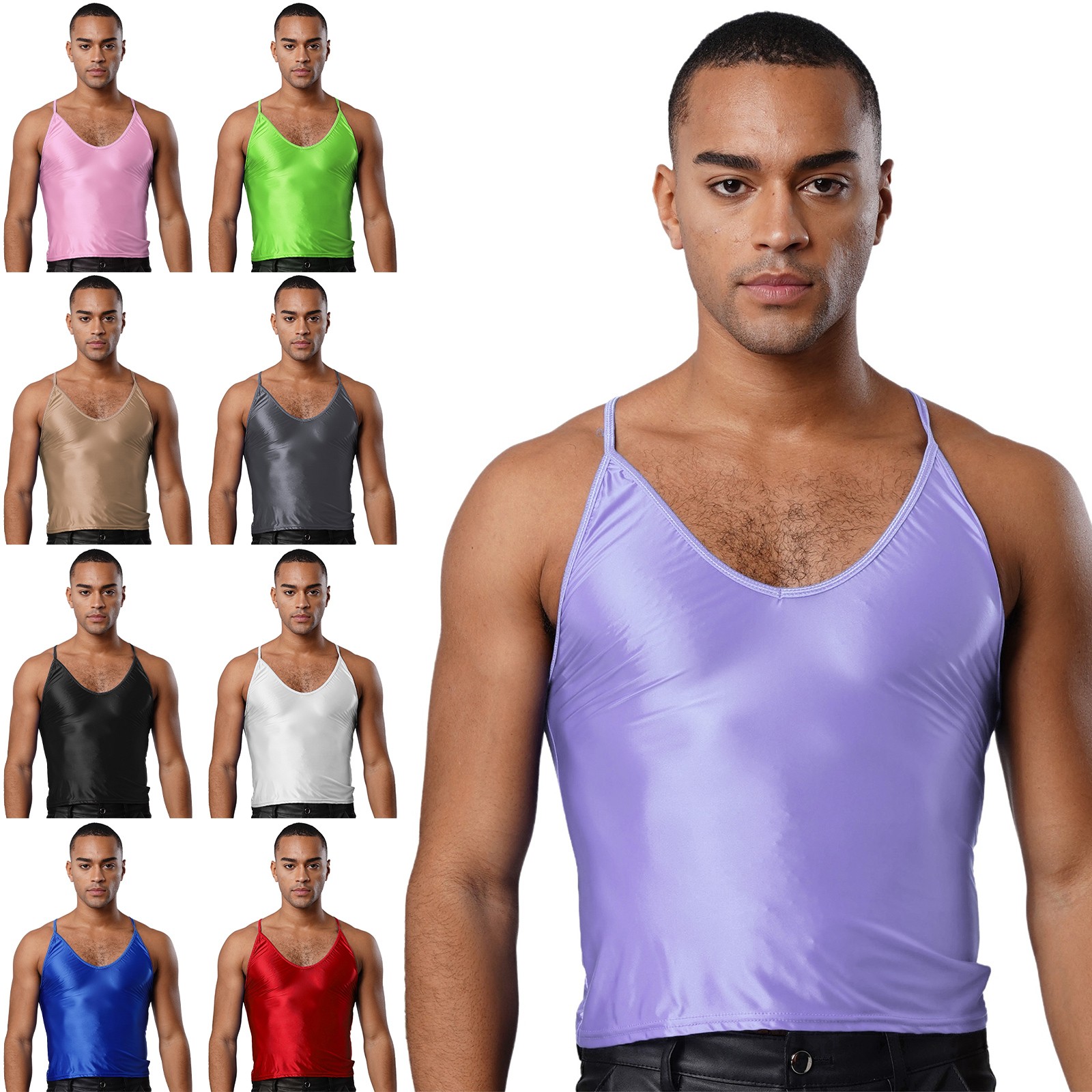 Men Glossy Stretchy Camisole Crop Tops Vest for Bodybuilding Gym Sports T-Shirts