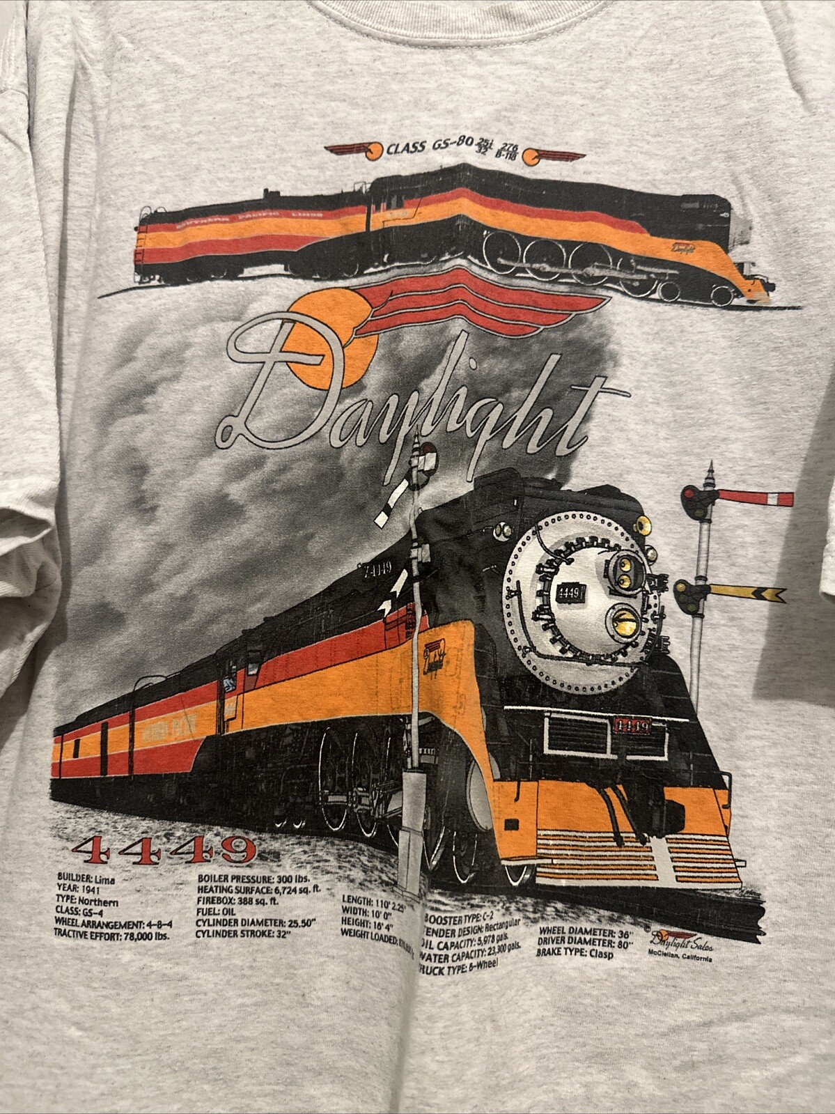 Vintage Daylight Sales Train Locomotive 4449 Railroad Gray Shirt No Tags