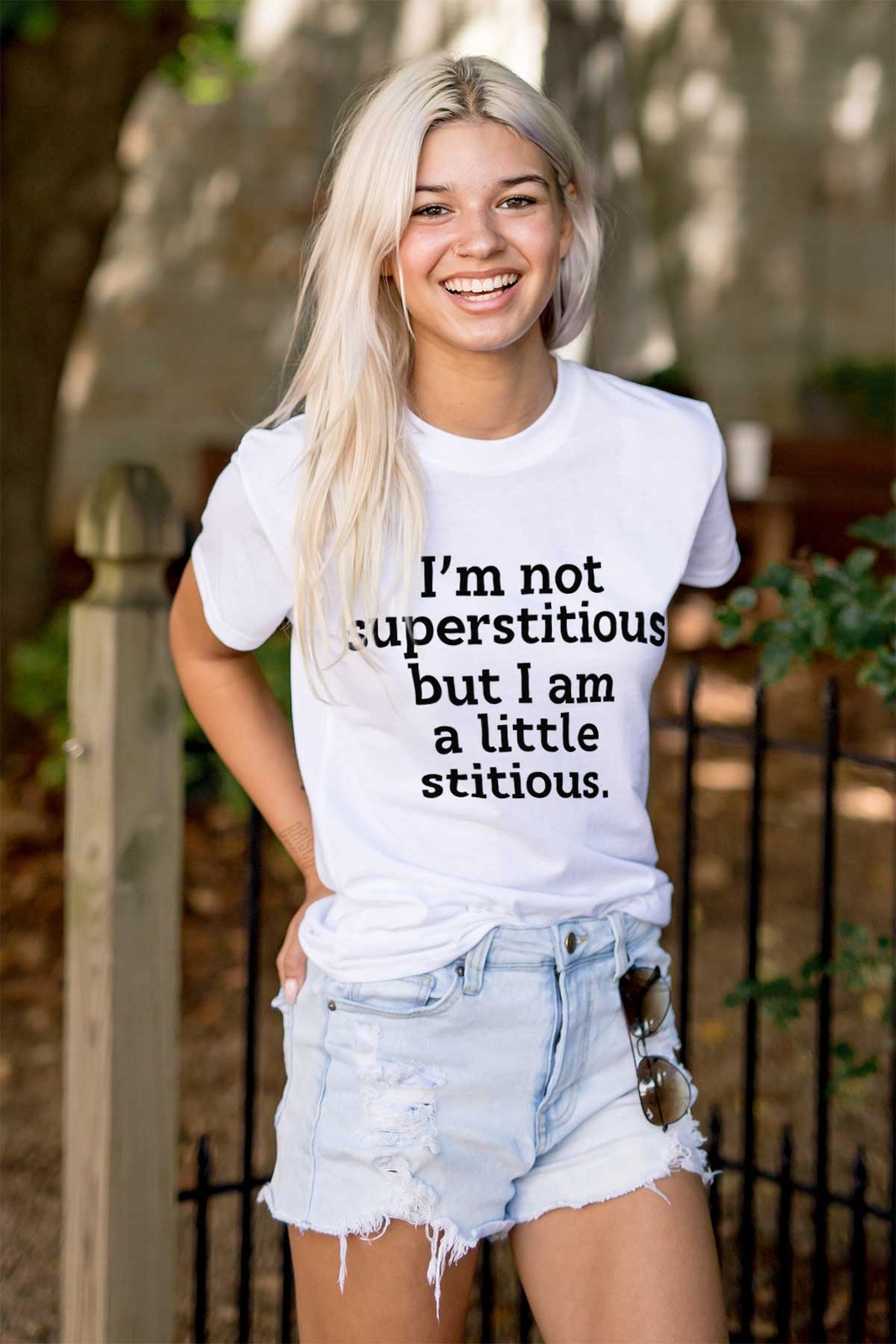 Funny Not Superstitious Only Little Stitious Womens or Mens Crewneck T Shirt Tee