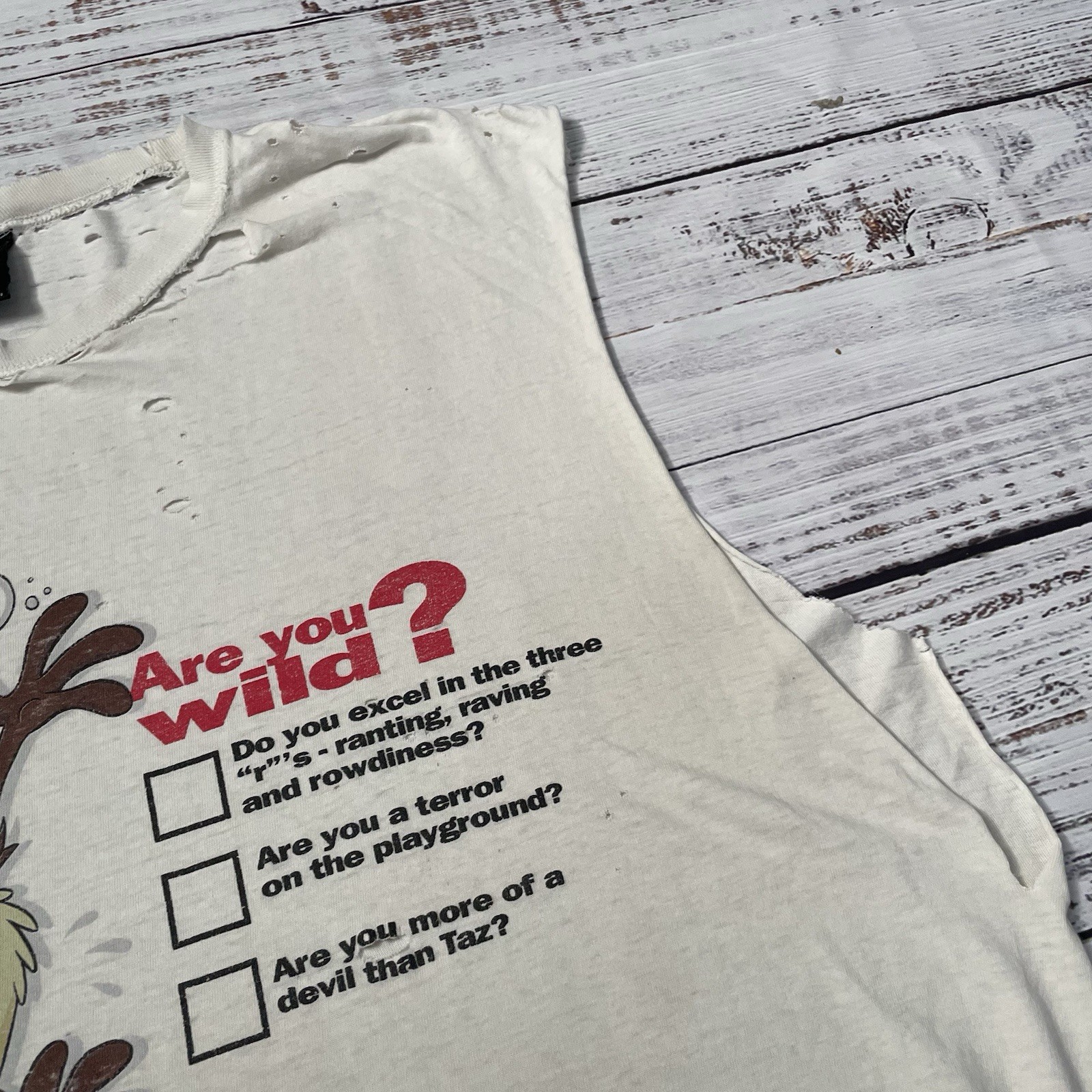 Vintage 90s Taz Looney Tunes Distressed Worn Faded Cut Off White Shirt Adult 2XL