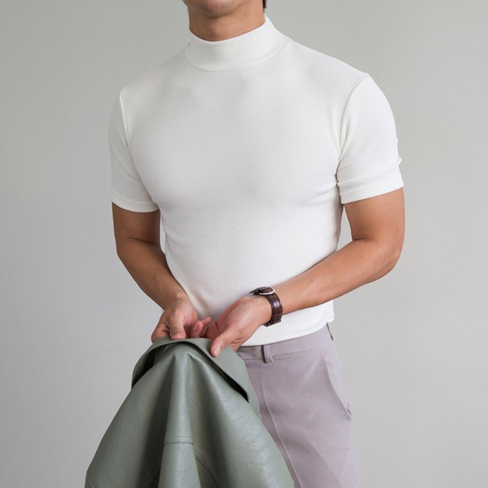 Polyester Spandex Men’s Tight Fit T Shirt Half High Neck Short Sleeve S-3XL
