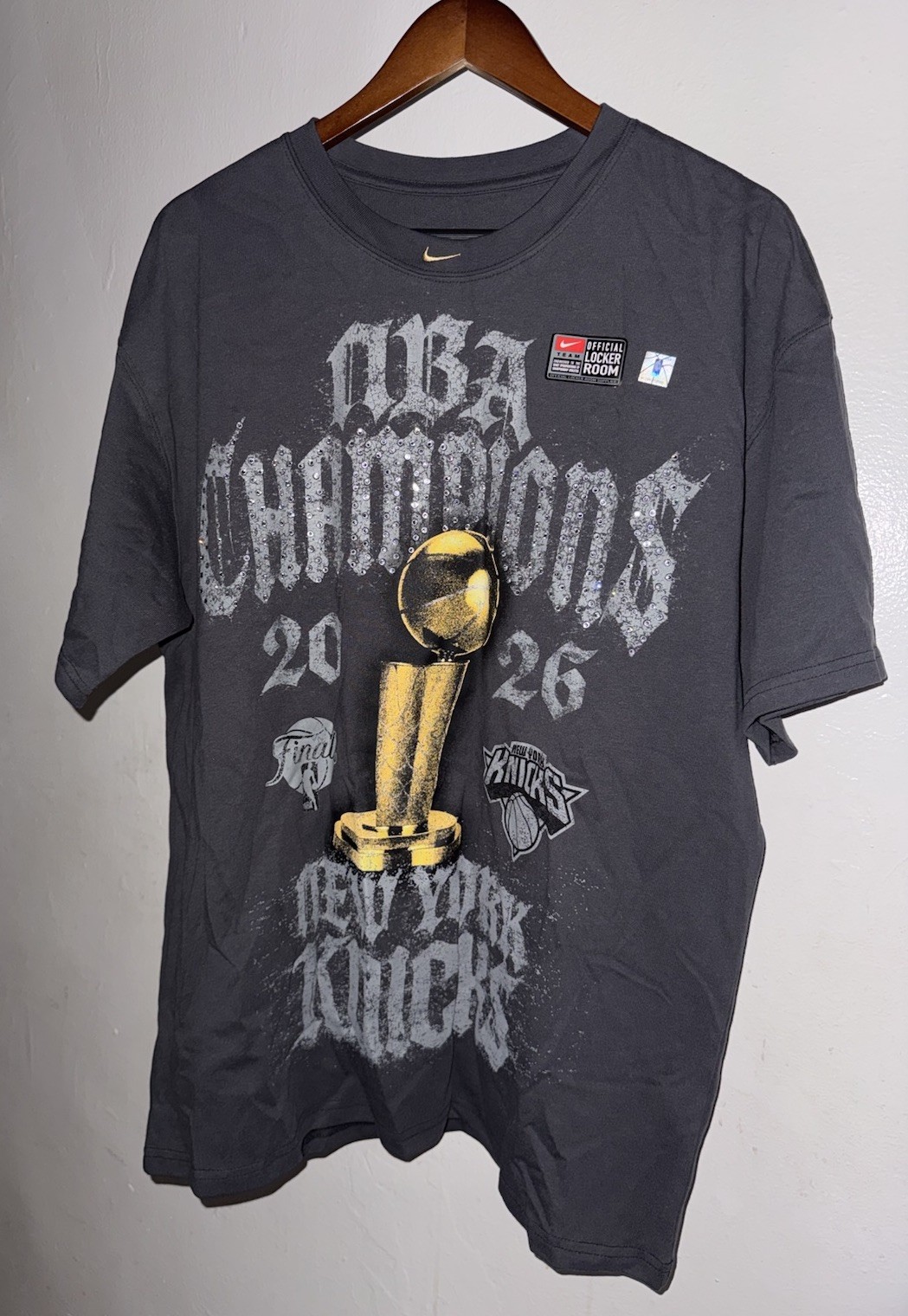 New York Knicks Nike 2026 NBA Champions Locker Room On Court Rhinestone T-Shirt