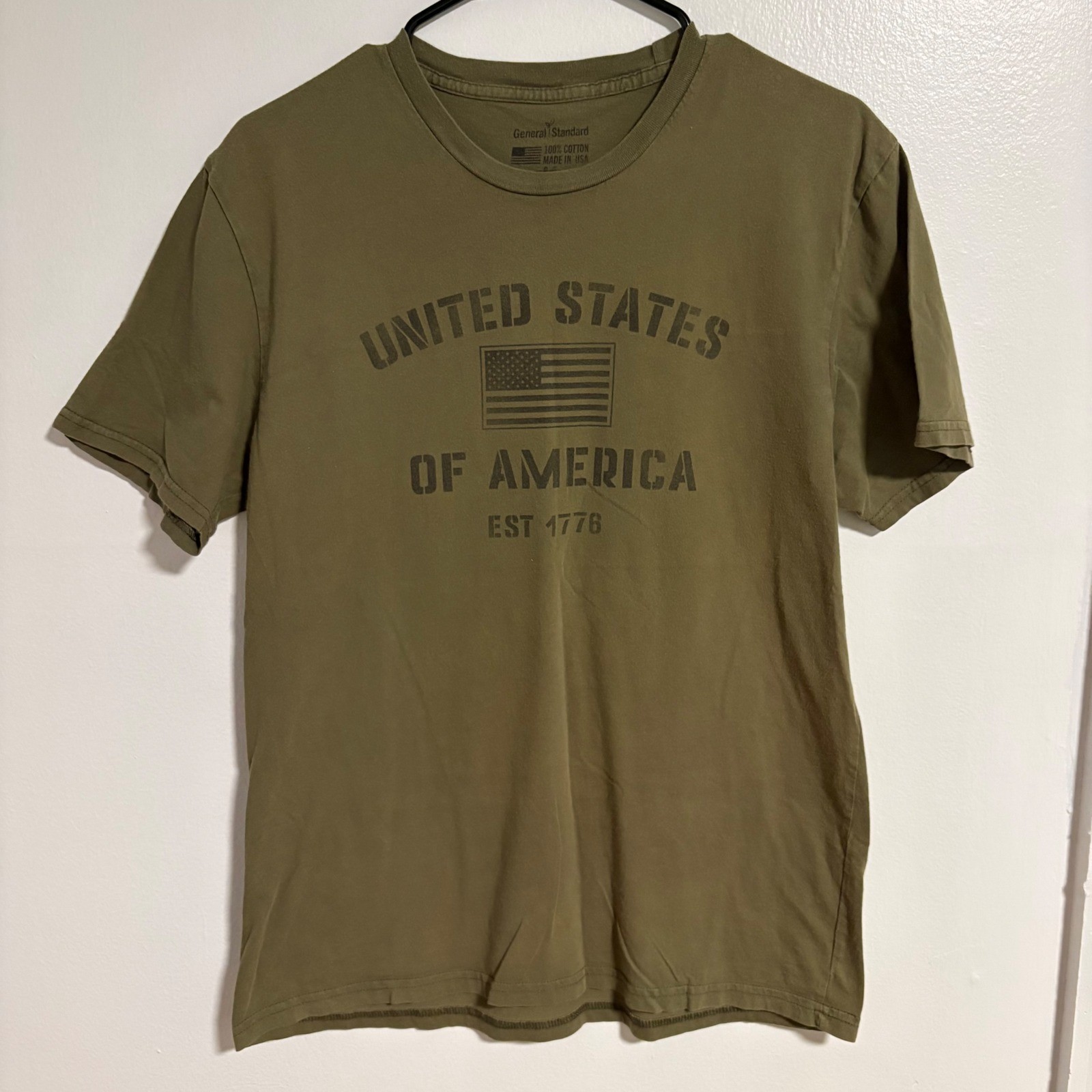 General Standard Mens USA Flag Graphic T-Shirt Olive Green Cotton Made in USA M
