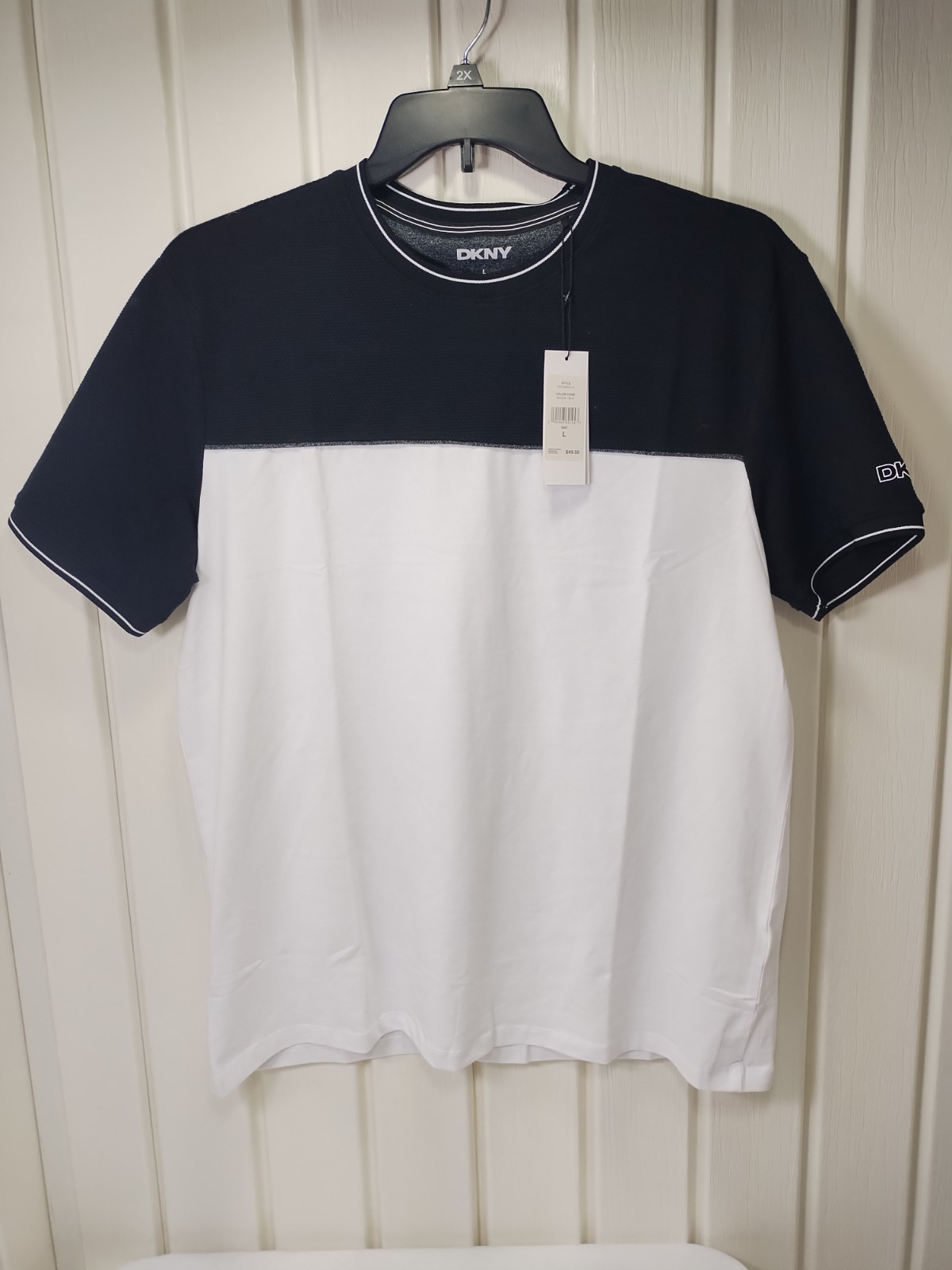DKNY Jupiter Color Block Shirt Men’s L Stretch Short Sleeve Black White NWT