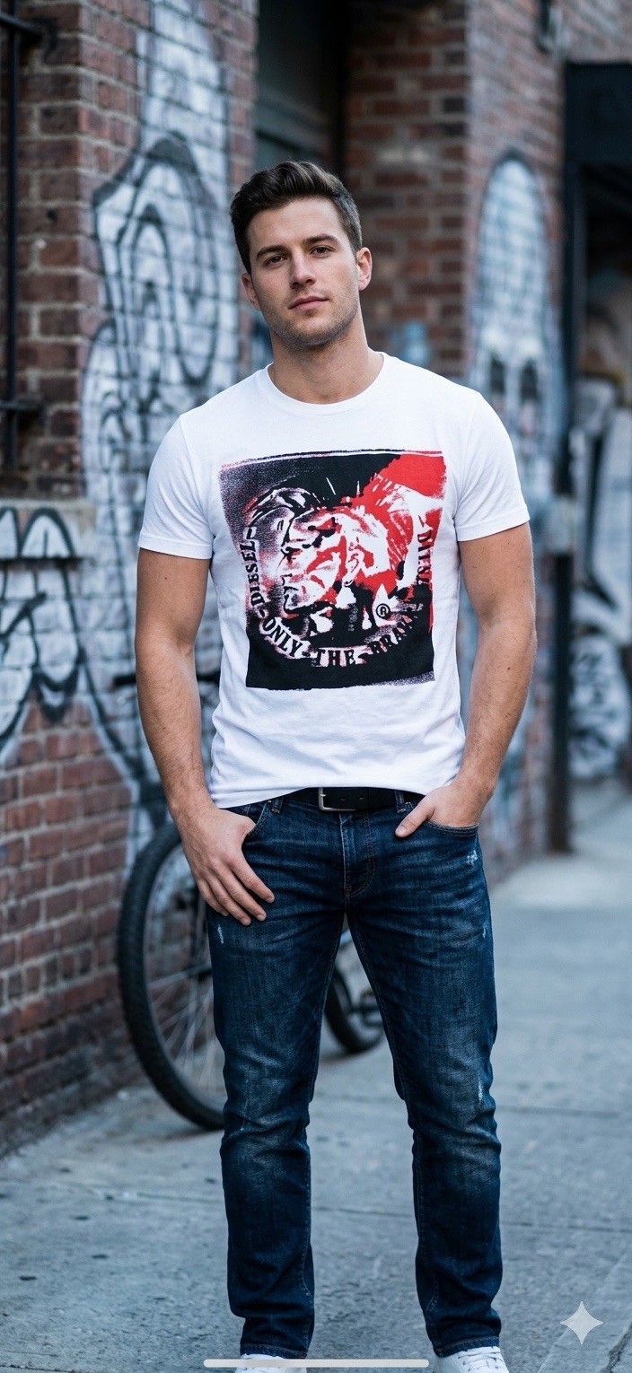 Vintage Y2K $58 DIESEL White MOHICAN Short Sleeve Slim Fit Designer T-shirt NWT