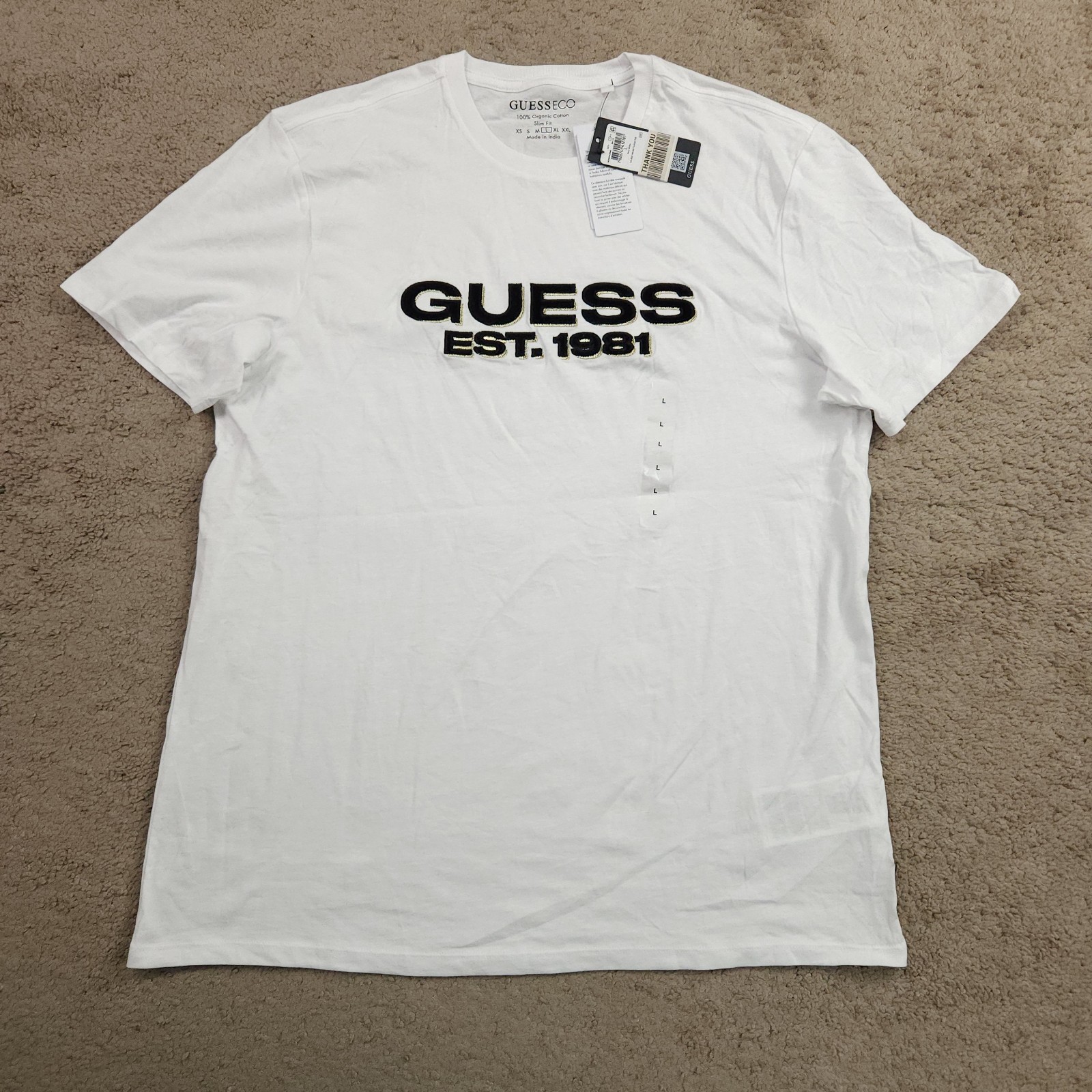 Guess Eco Men White Crewneck Embroidered Velvet Logo Tee Size Large