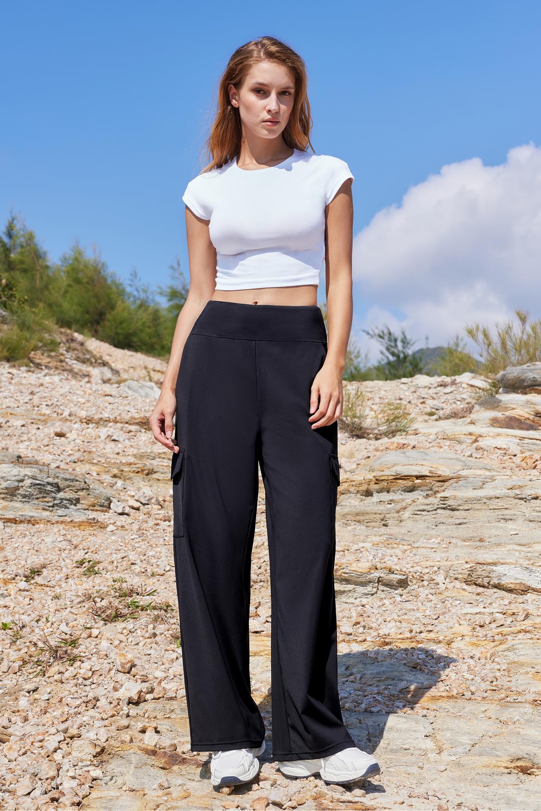Women Casual Wide Leg Cargo Pants Stretch High Waisted Pull On Lounge Work Pa…
