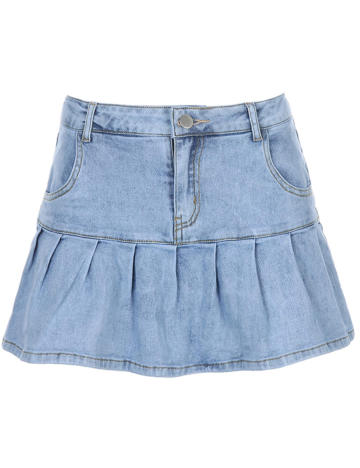 Women’s Pleated Jean Skirt Casual A-Line Ruffle Y2K Mini Denim Skirt LightBlue-L
