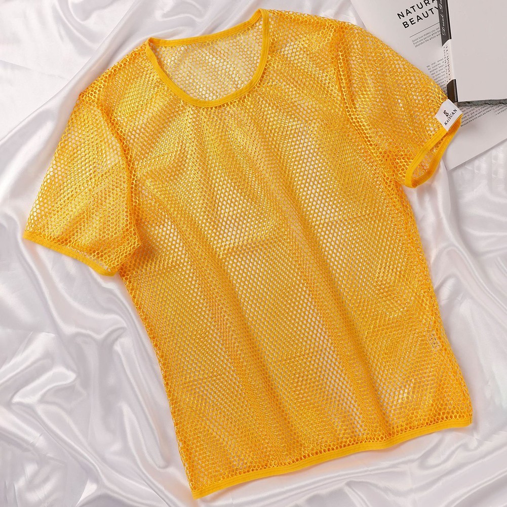 Mesh See Through Men TShirt Fishnet Short Sleeve Clubwear Undershirt Tee