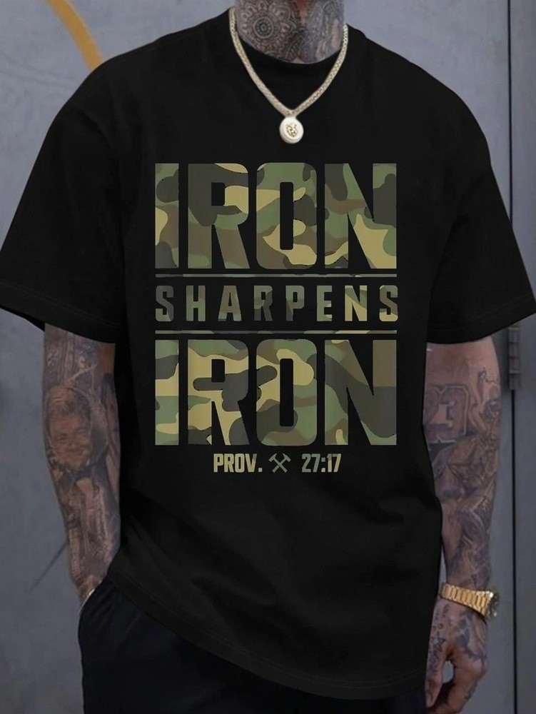 Iron Sharpens Iron Christian Bible Verse Graphic T-Shirt Camouflage Faith Tee