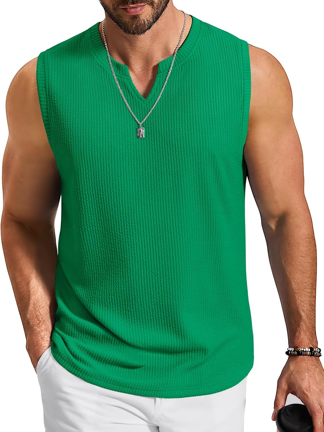 Men V-Neck Knit Tank Tops Textured Jacquard Sleeveless Summer Beach Casual Shirt
