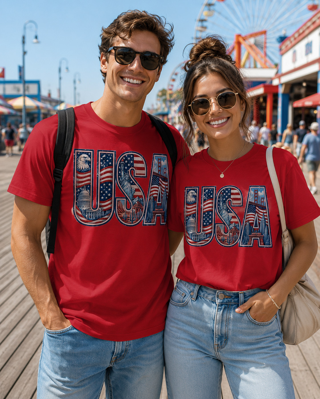 USA Patriotic Landmarks American Flag Eagle Statue of Liberty Graphic T-Shirt