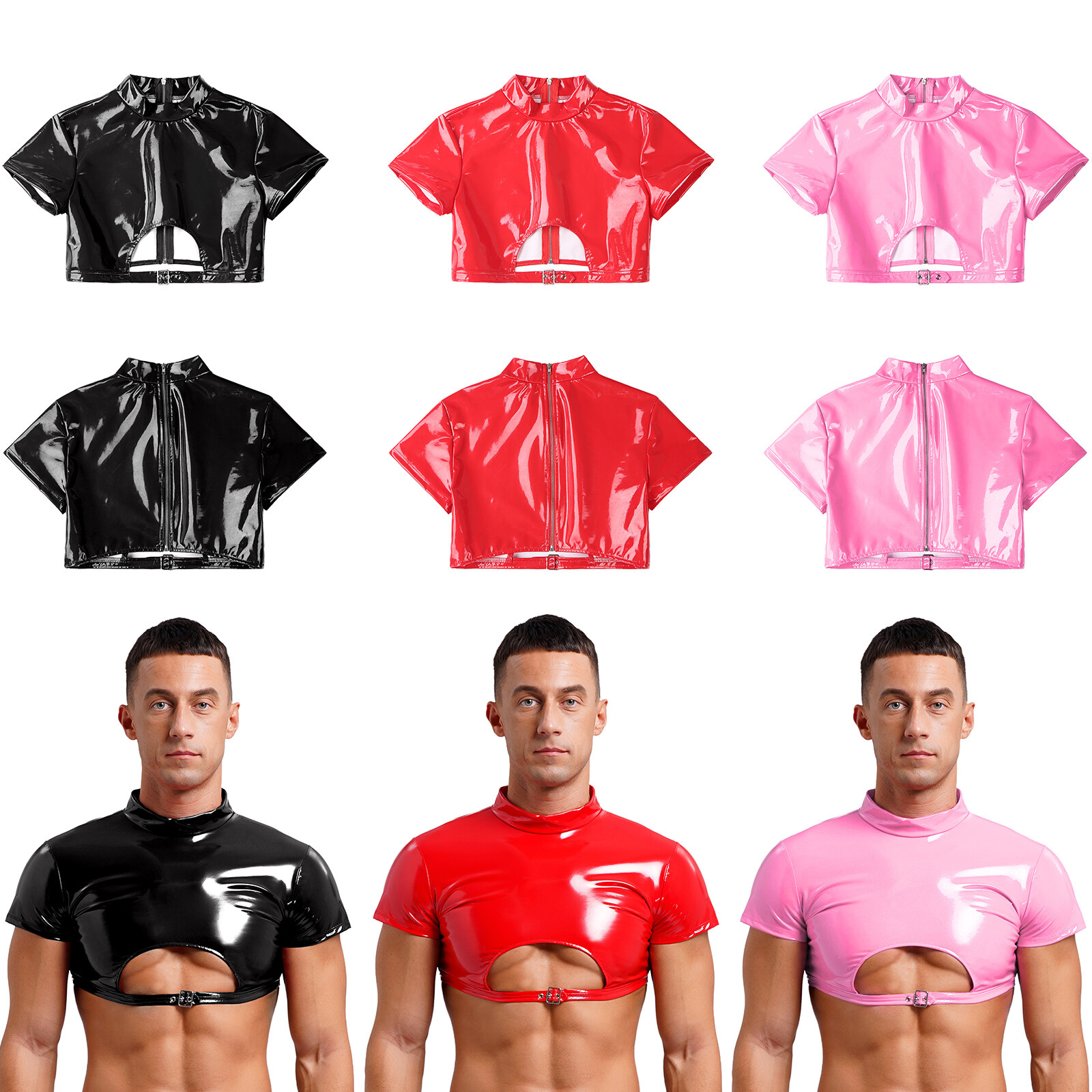 Mens Clubwear Nightout Crop Top Shiny Vest Halloween Costume Half Tops Glossy