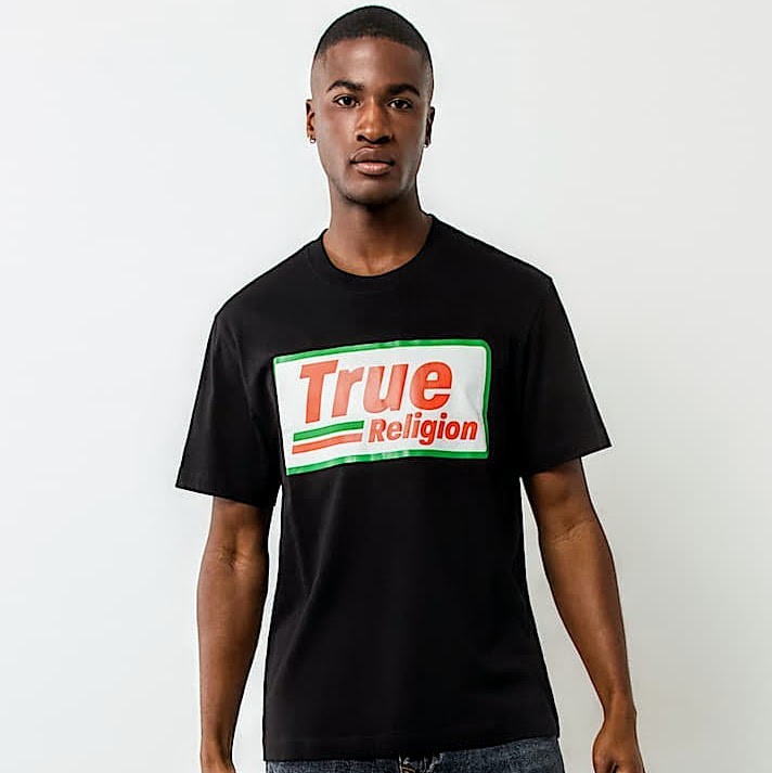 True Religion T-Shirt Men’s XL Black White Orange Green Jeans Gas Box Logo New