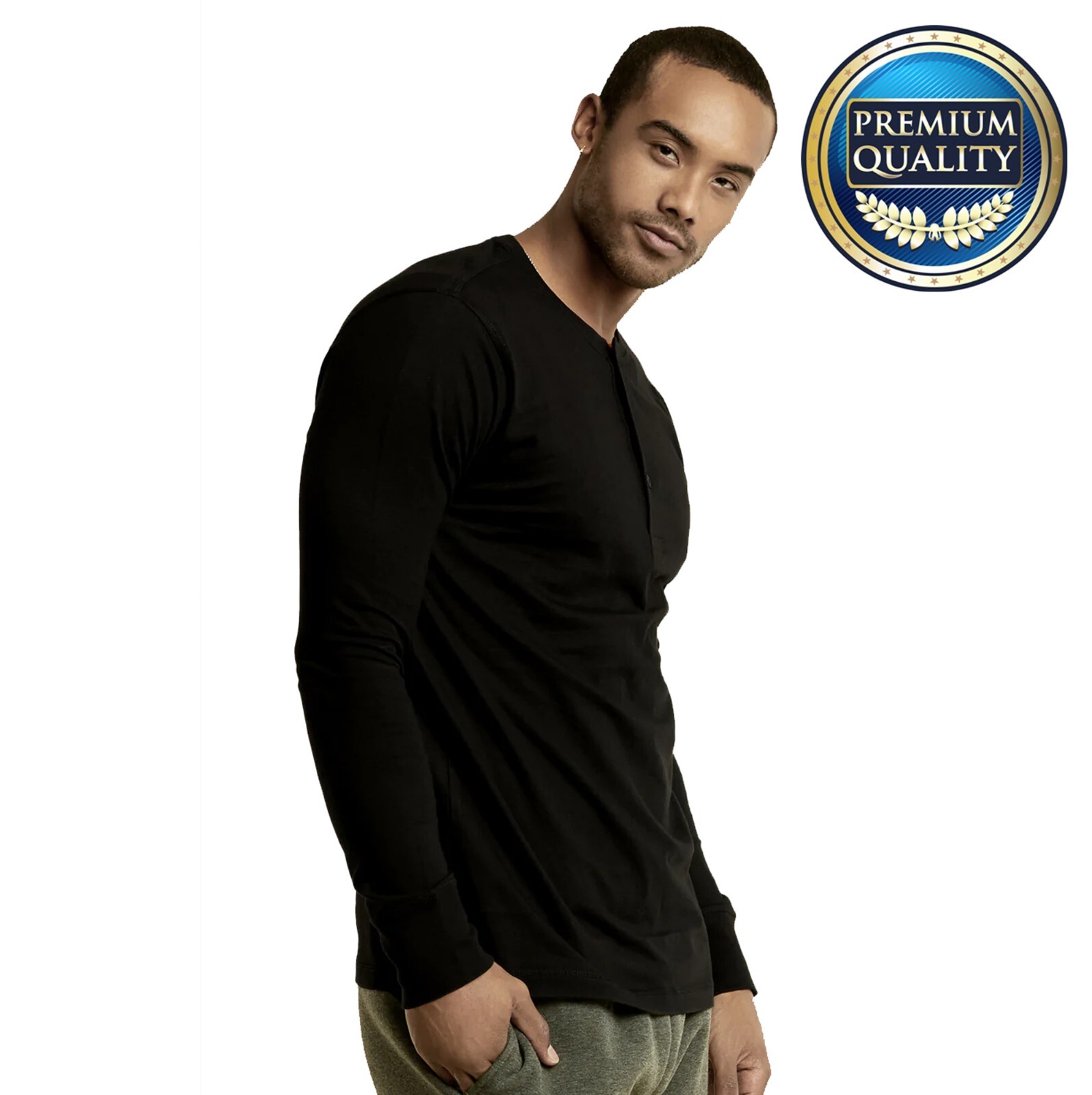New Men Thermal Henley Shirt T-shirts Long Sleeve Cotton Pullover Three Buttons