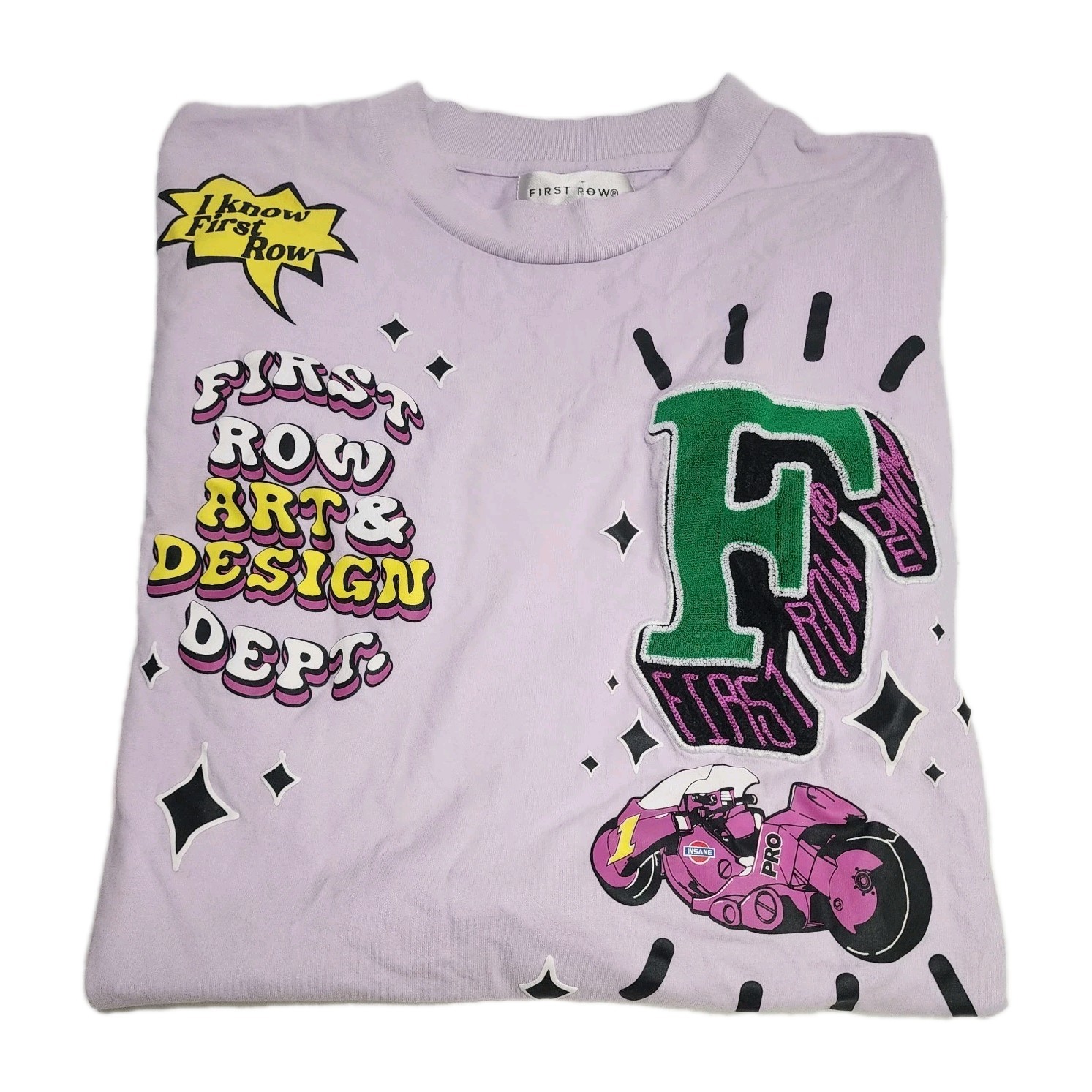 FIRST ROW Art & Design Department Lavender Embroidered / Graphic T-shirt Sz LG