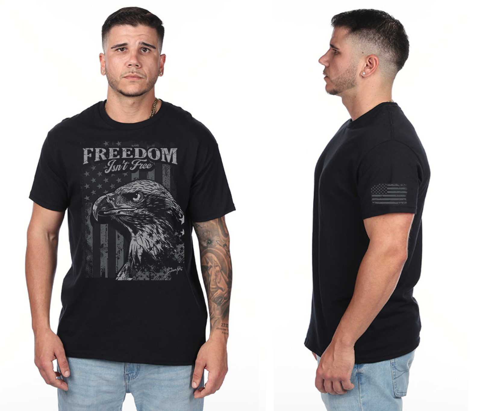 Military Patriotic Veterans Day T-shirt American Flag Sleeve Freedom Bald Eagle