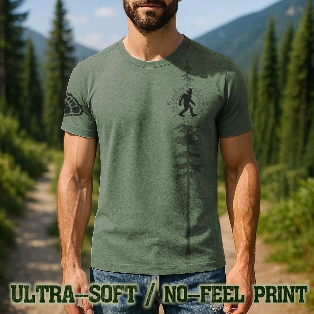 Men’s Bigfoot Forest T Shirt – Funny Sasquatch Outdoors Tee, No-Feel Print- F200
