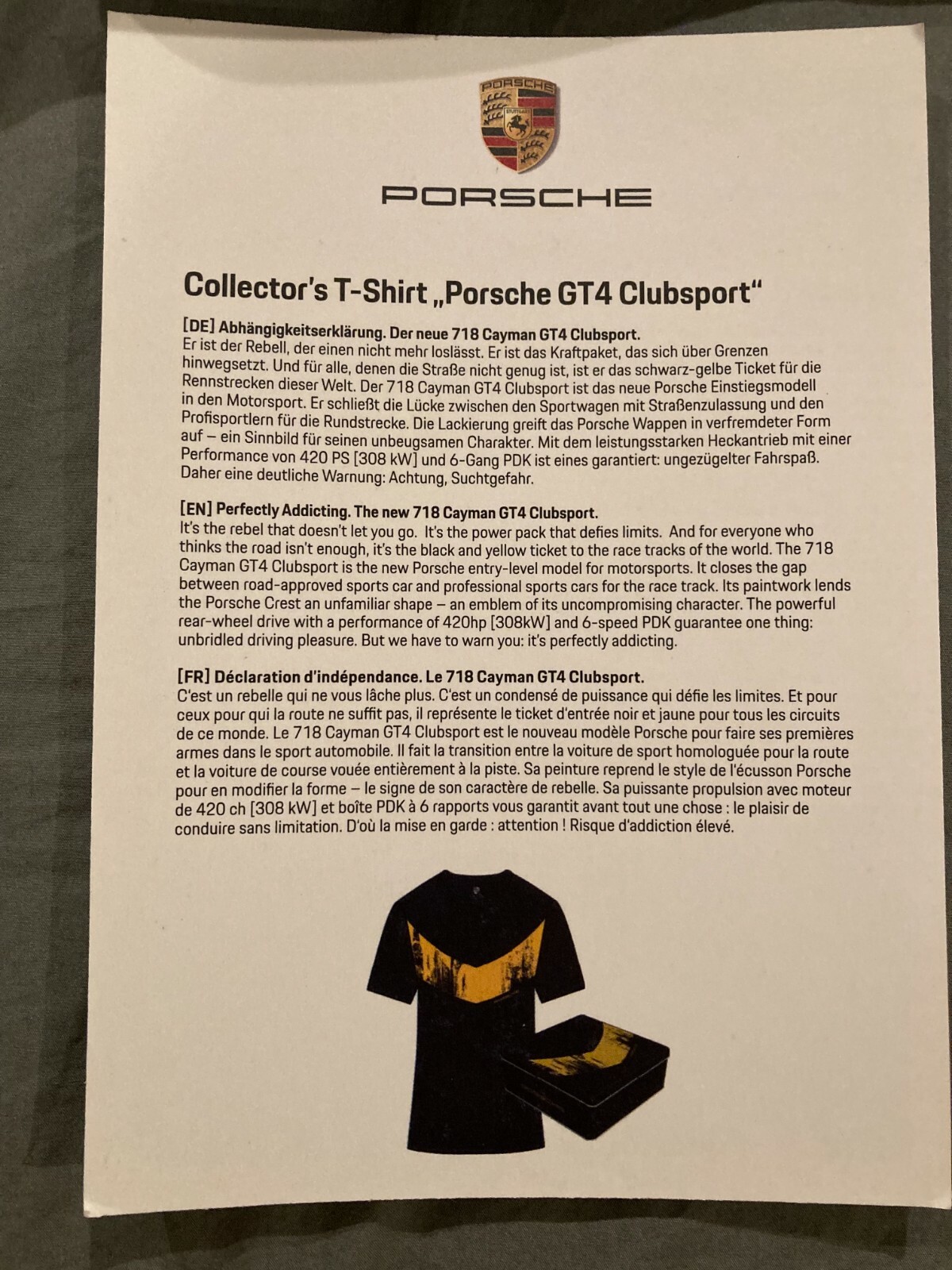 PORSCHE SELECTION’S GT4 CLUBSPORT T-SHIRT W/COLLECTORS TIN NO. 15. ALL SIZES!!