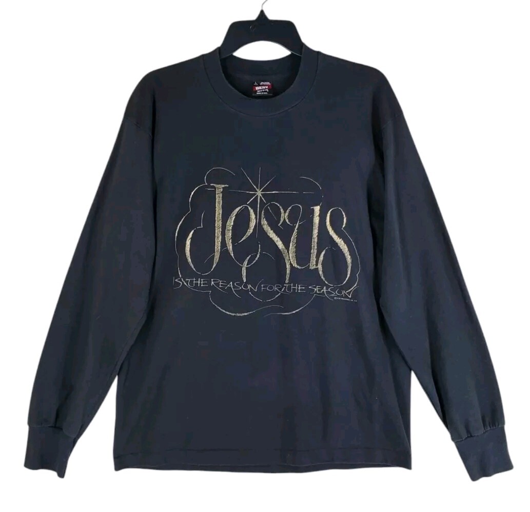Vtg 90s Single Stitch Shirt Men L Black Gold “Jesus Reason For Season” Christmas