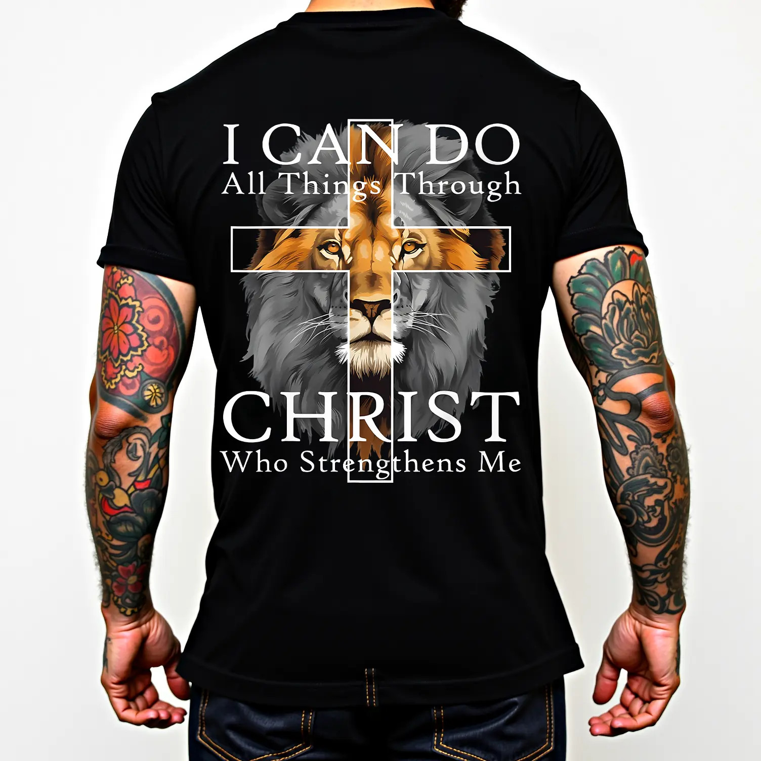 [100% Cotton] Strong Lion With Cross Christian Faith Inspirational T-Shirt