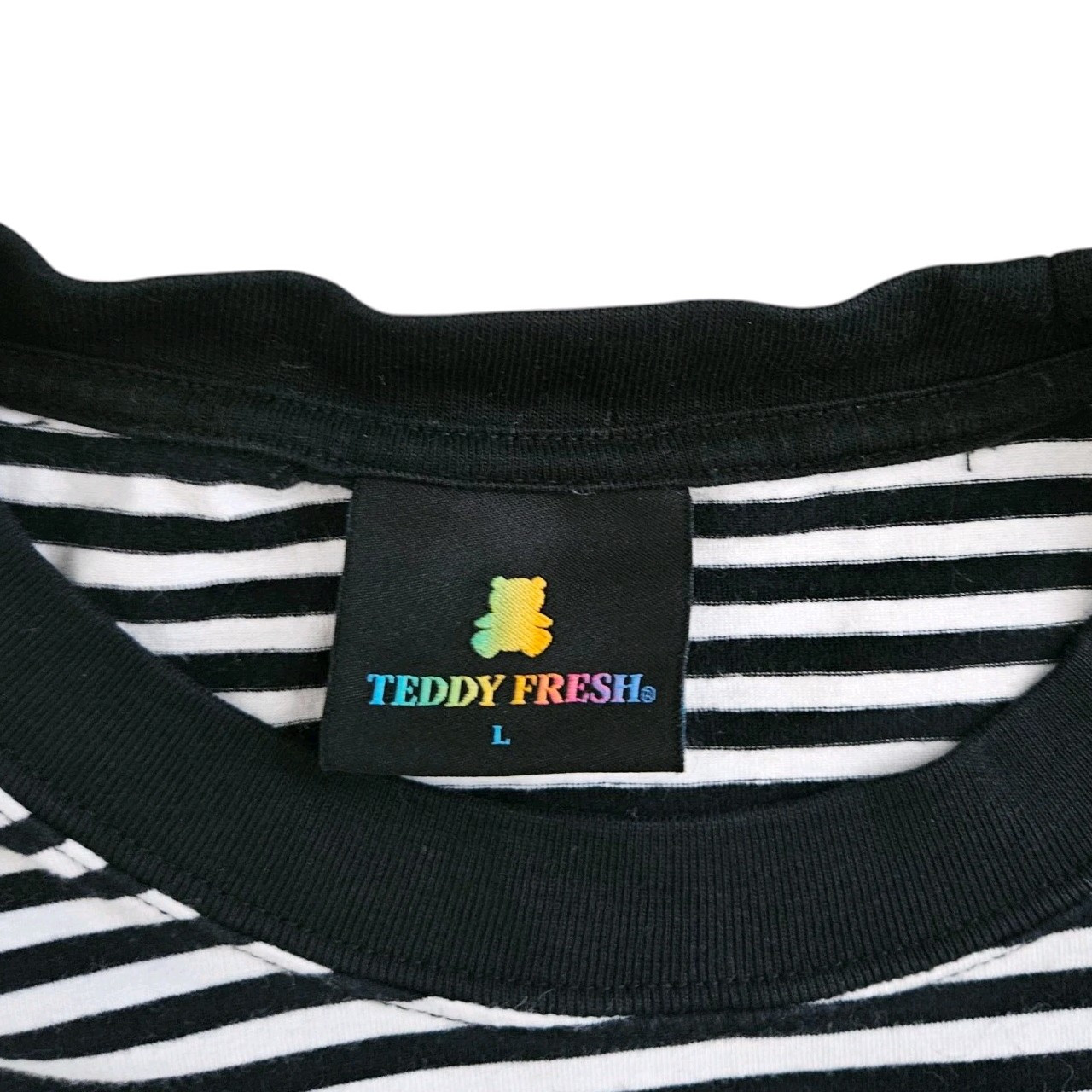Teddy Fresh T-Shirt Mens Large Striped Short Sleeve Tee Black White Bear Button