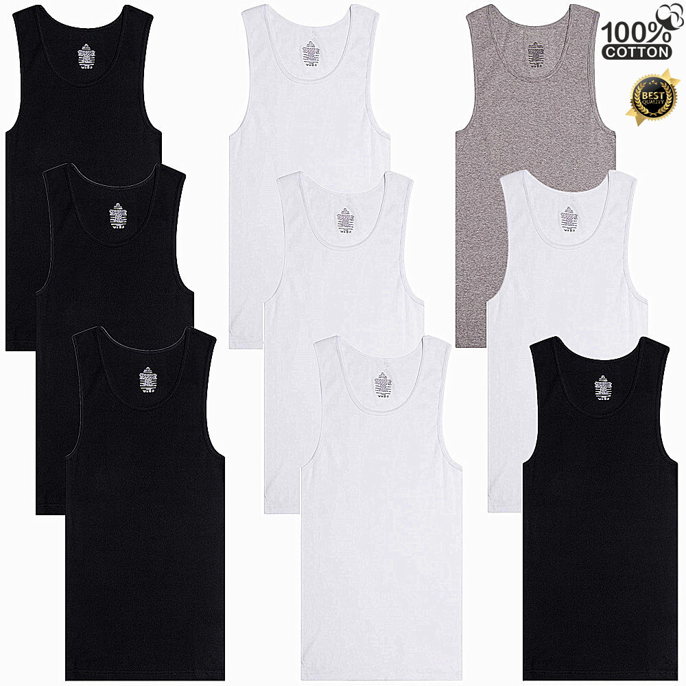 Men 100% Cotton Tank Top Wife-Beater Undershirt Ribbed Premium A-Shirt Regular