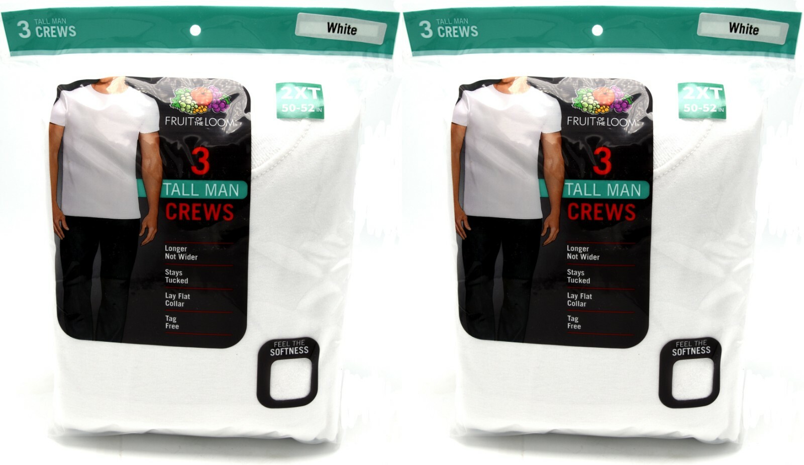6 White Tall Man 2XT 50-52 Inch Crew Neck T-Shirts Fruit Of The Loom 127-132 CM
