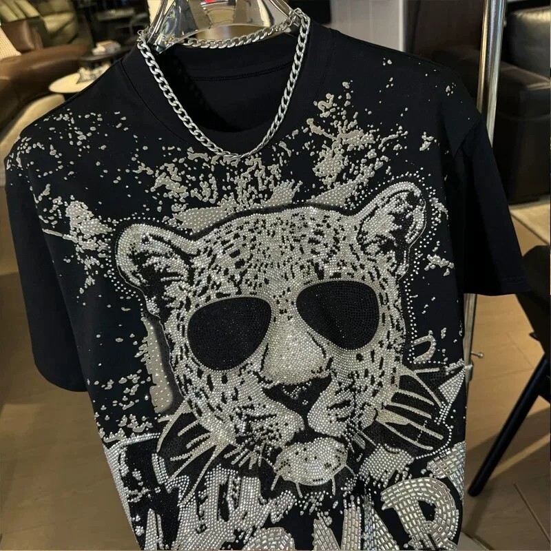 New Men Luxury Diamond Leopard Rhinestones Fashion T-Shirt High Quality 3 Colors