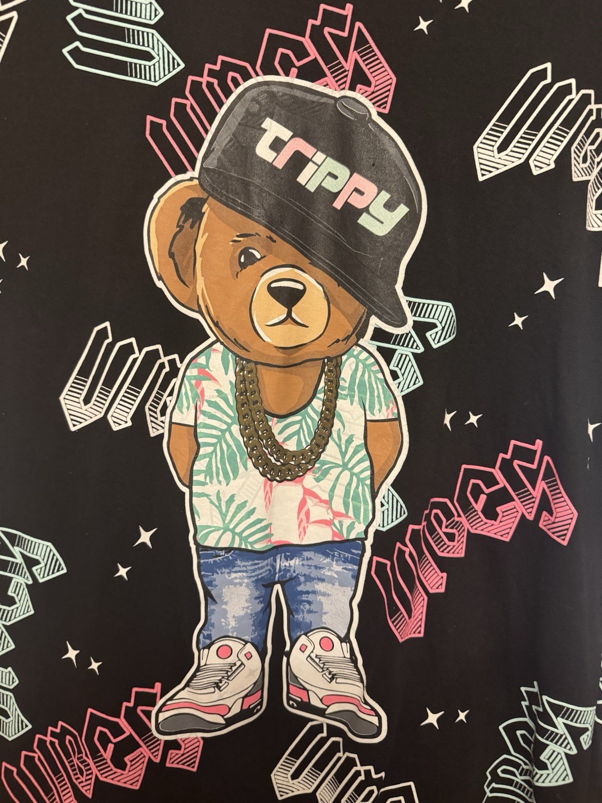 Bailey Men’s Black Poly Cotton Knit Trippy Teddy Bear Graphic Crew Neck Tee M