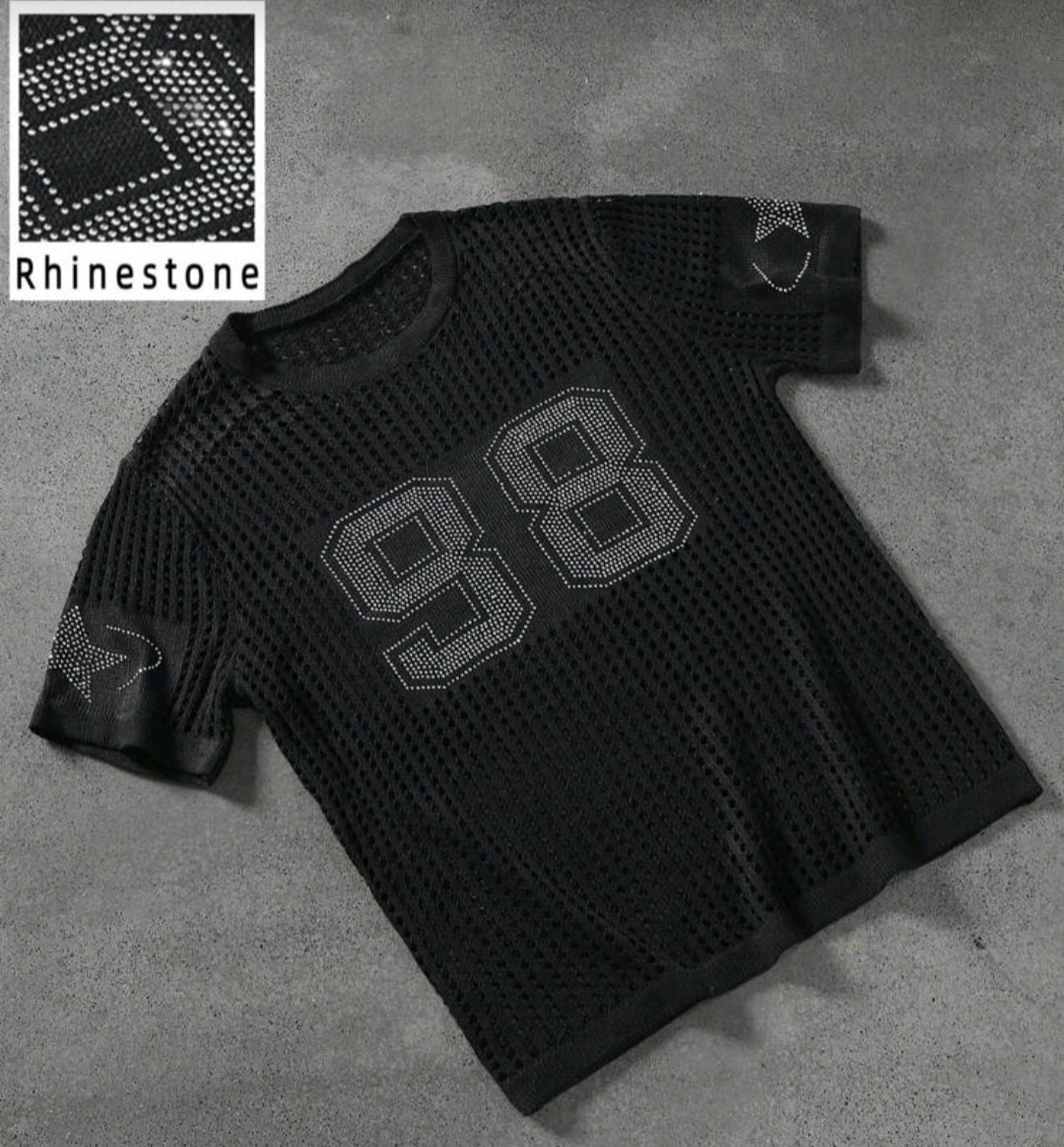 New Men Luxury Diamond Rhinestones Fashion Black Knitted T-Shirt High Quality