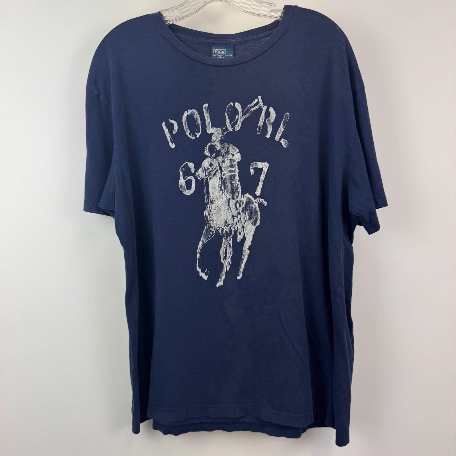 Polo Ralph Lauren Mens Navy Blue Big Pony 67 Distressed Graphic T-Shirt Large