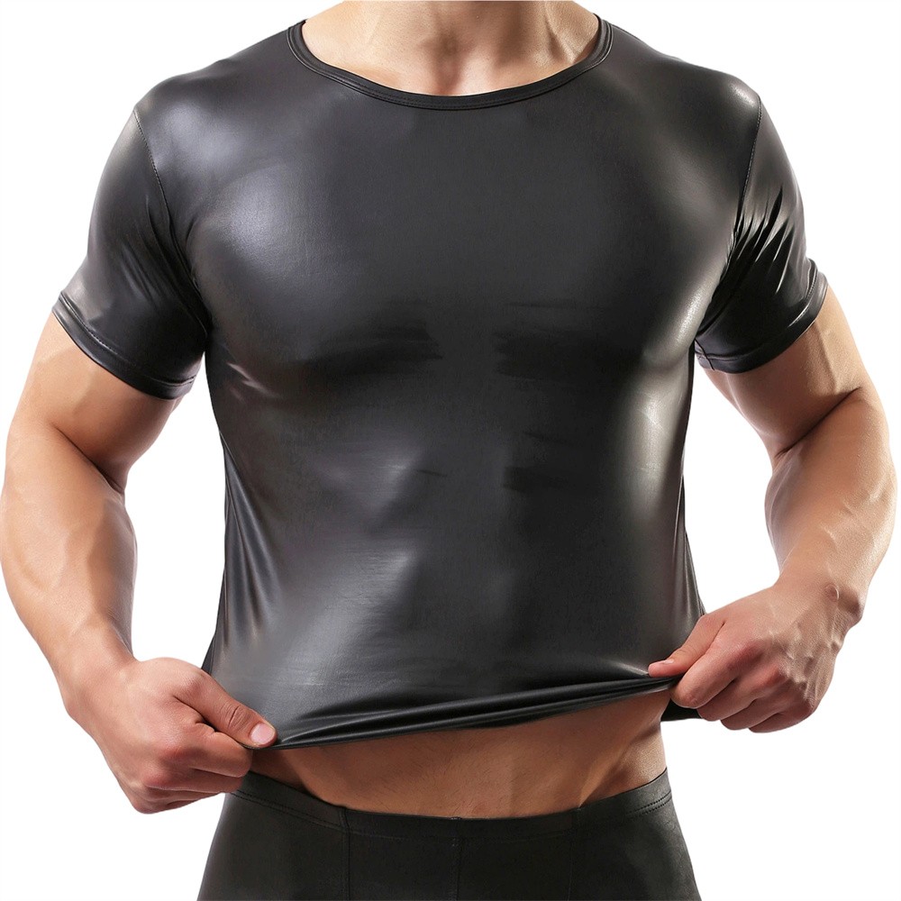 Glossy Pvc Leather Mens Short Sleeve Tops Fitness Club T-shirt New Tops Clothing