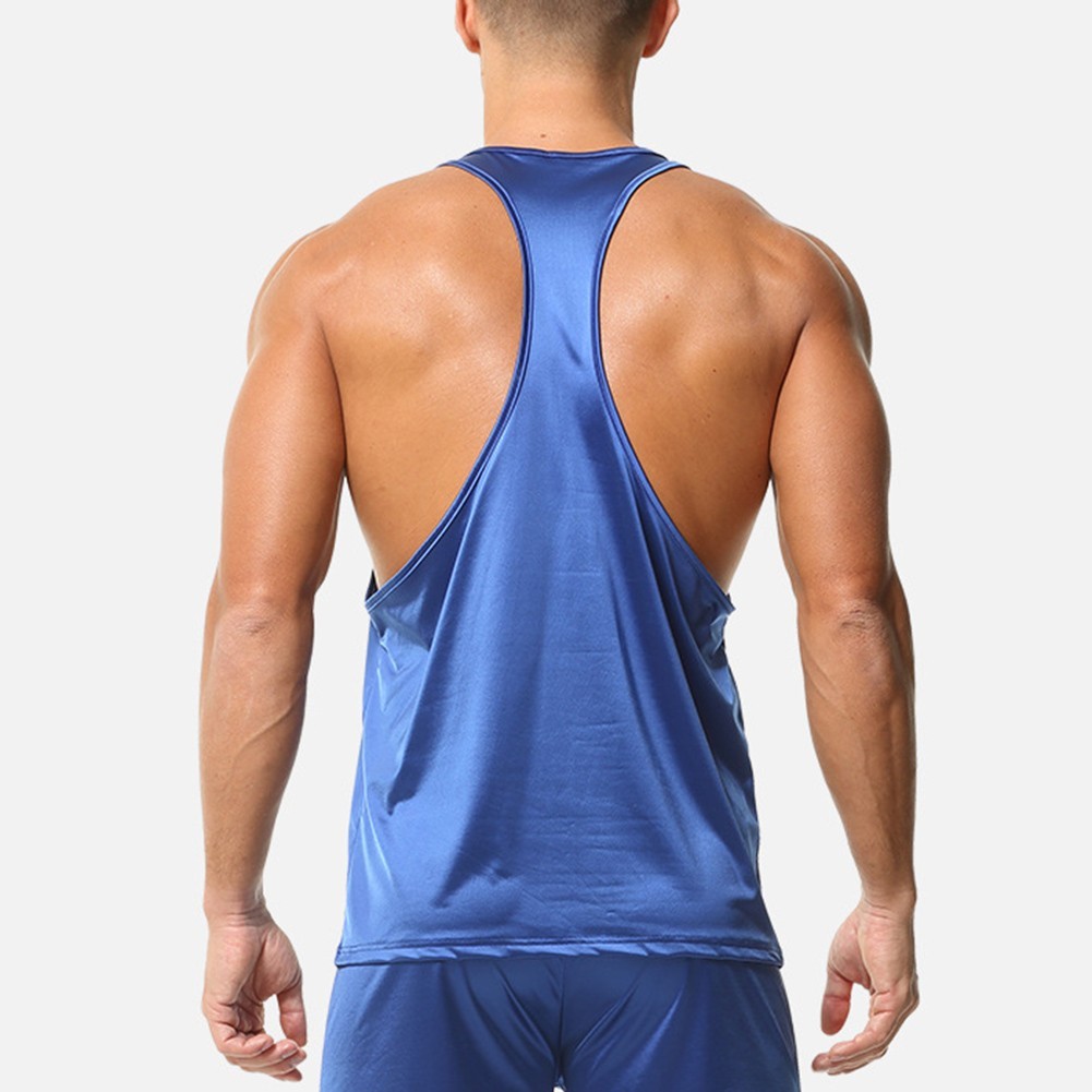 Sleeveless Gym Tee Men Tank Top Oil Shiny Glossy Satin Solid Color Four Seasons
