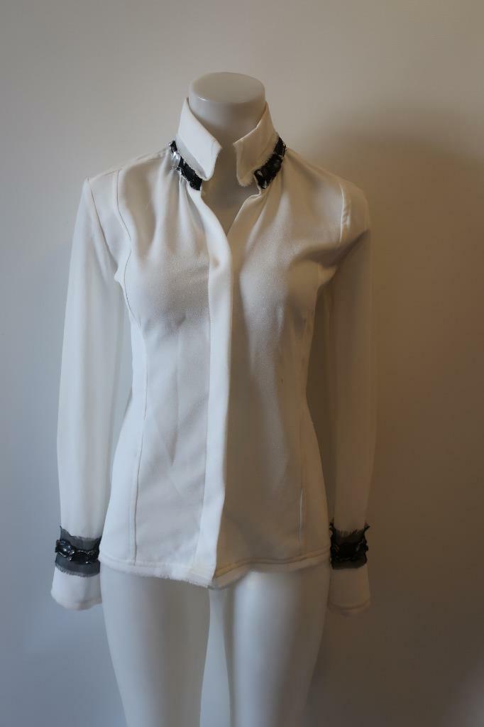 WOMENS CHRISTINA MAKOWSKY CREAM BLACK RHINESTONE COLLAR BLOUSE S *