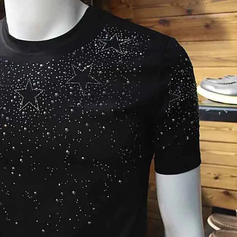 New Fashion Star Trend Rhinestone Diamond Summer Short Sleeve Luxury Men T-Shirt