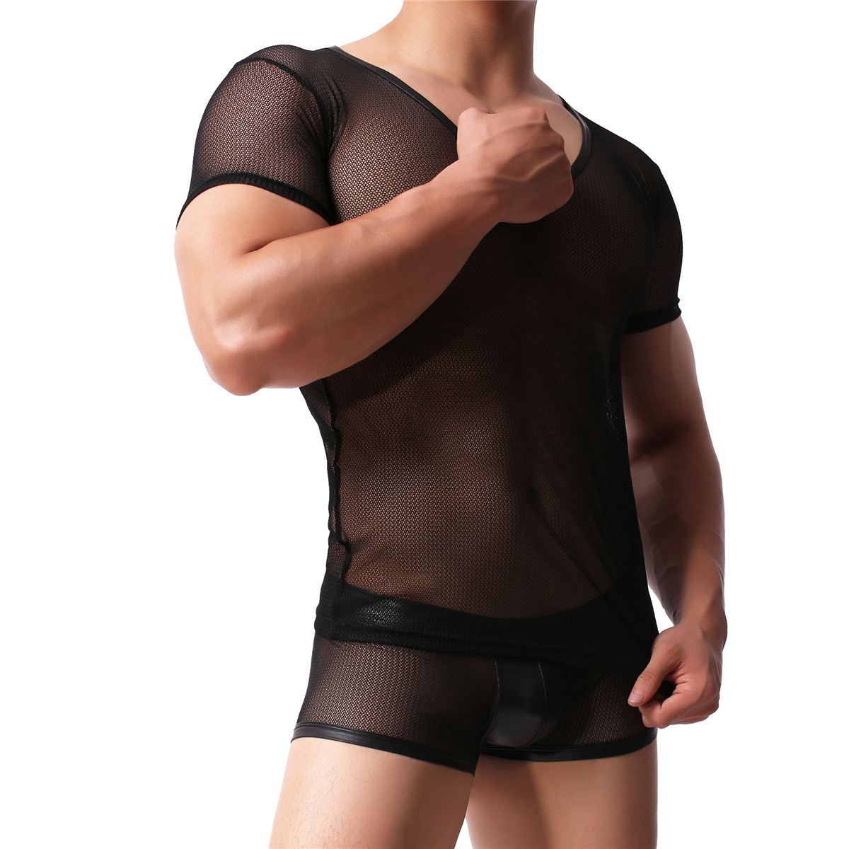 Mens Mesh T-shirt Gym Training Tank Top Fish Net Sheer Sexy Boxers Shorts M L XL