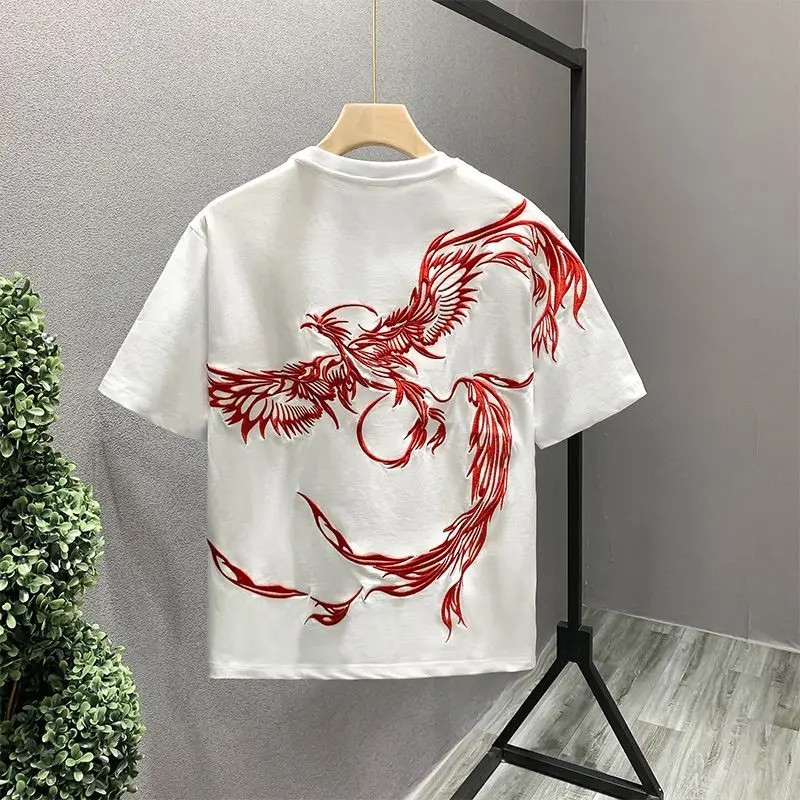 Men’s White Embroidery 100% Cotton O-Neck T-Shirt Korean Style Tee
