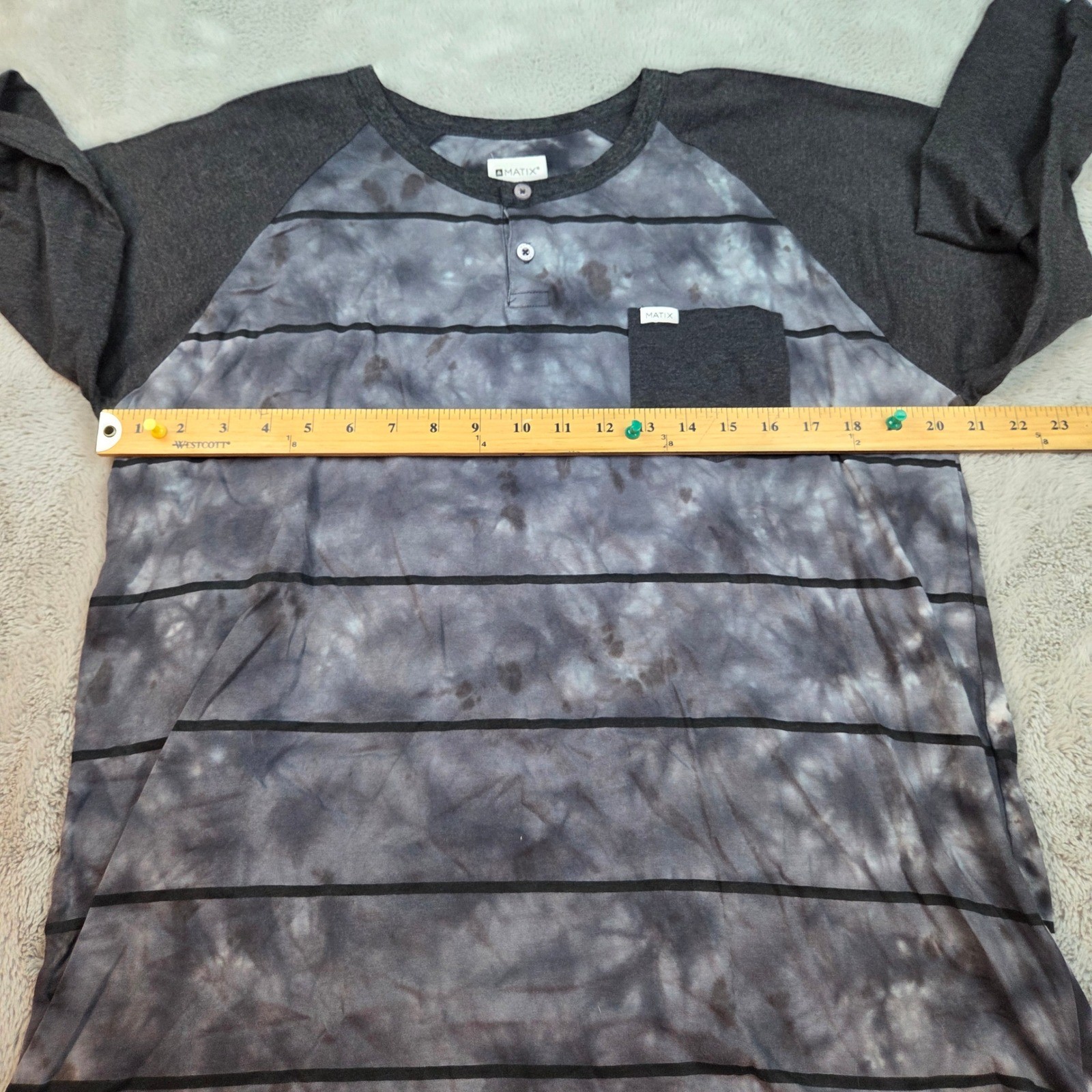 Matix Henley Shirt Mens XL Raglan 3/4 Sleeve Tie Dye Striped Cotton Pocket Grey