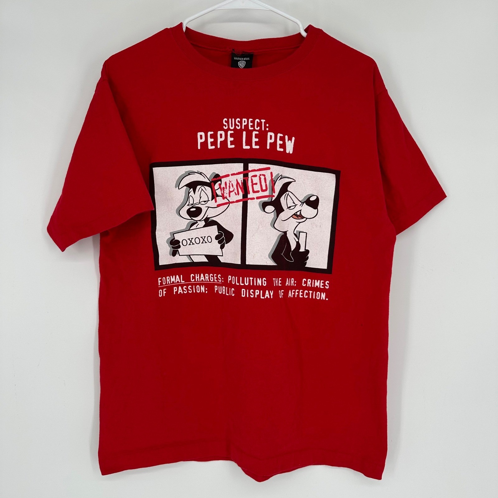 Vintage 90s Warner Bros Pepe Le Pew Wanted Single Stitch Shirt Red Large USA