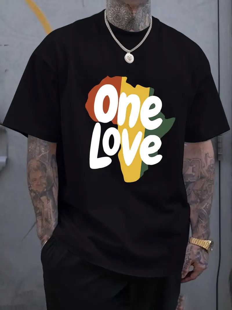 One Love Letter Print Men’s Short Sleeve T-Shirts, Comfy Casual Elastic Crew Nec