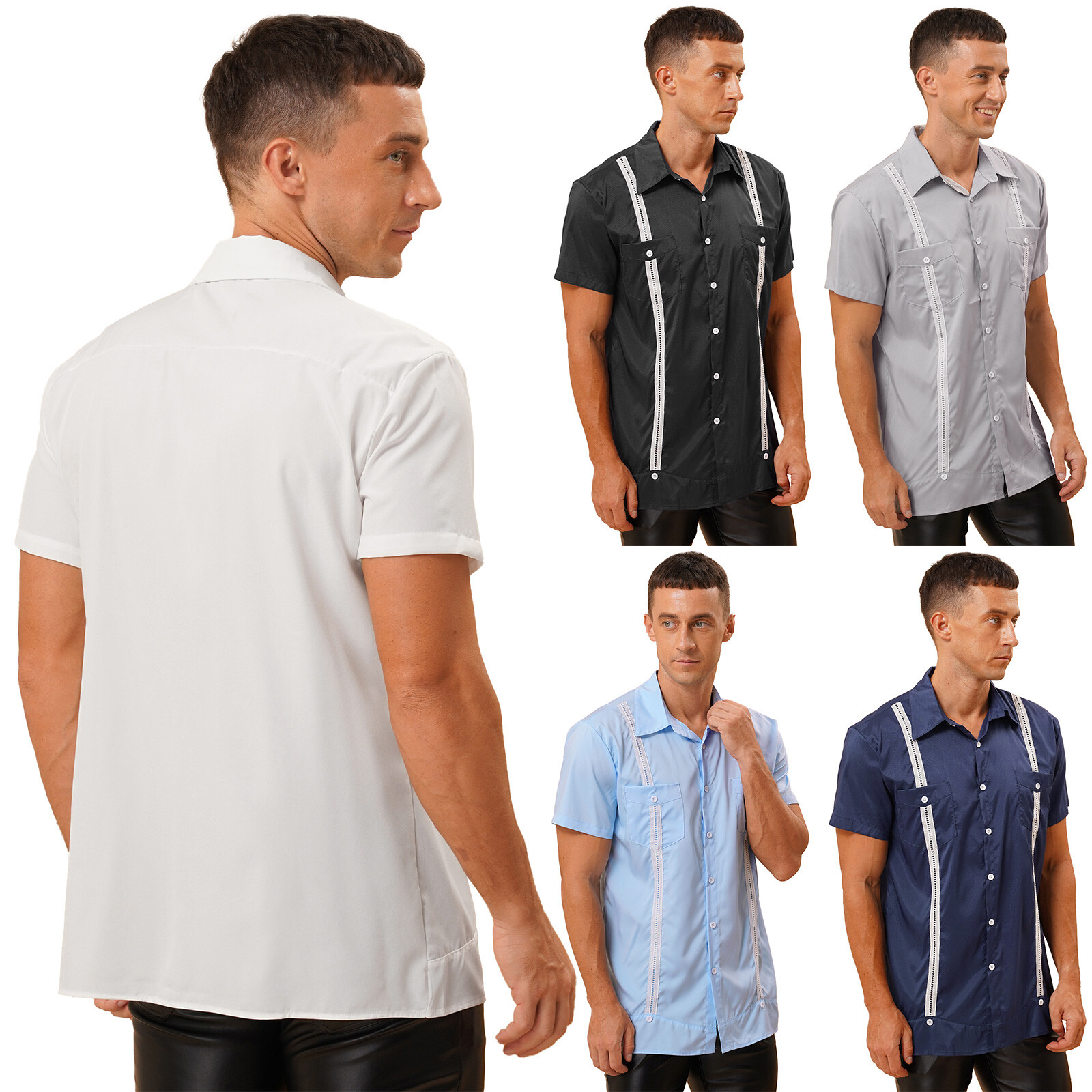 Mens Contrast Color Stripe Shirt Casual Turn-Down Collar Short Sleeve Button Top