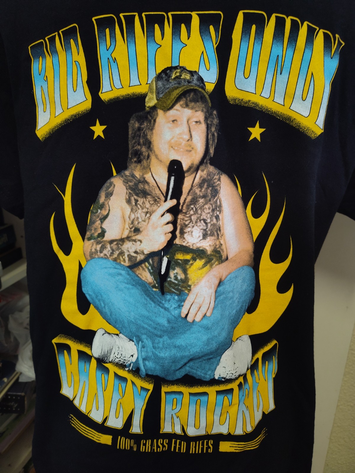 CASEY ROCKET T SHIRT M BLACK BIG RIFFS ONLY GRASS FED RIFFS FLAMES