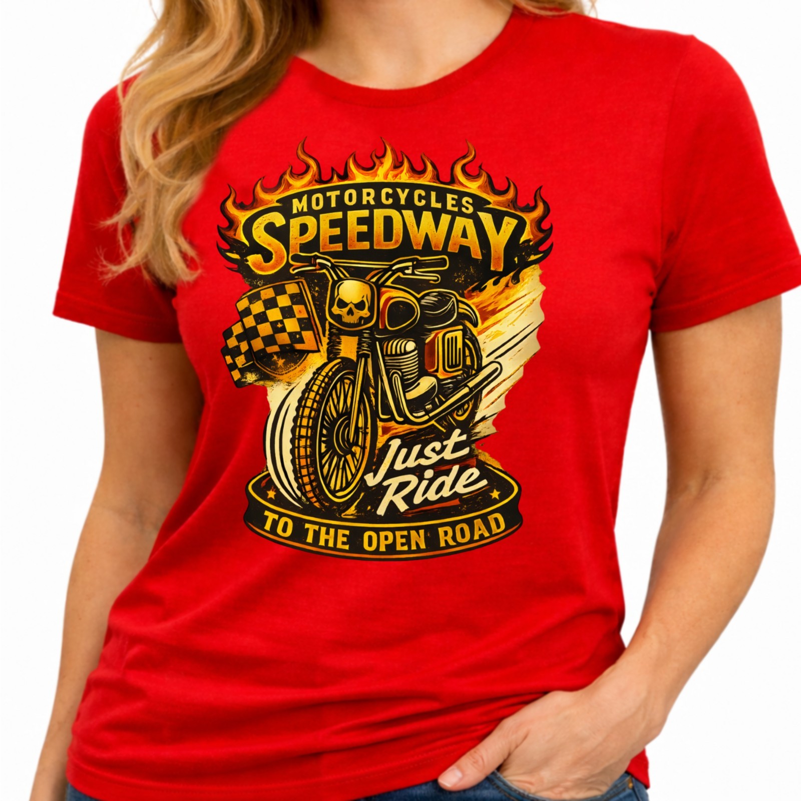 Motorcycle Speedway Just Ride Open Road Flaming Skull Racing Biker T-Shirt.