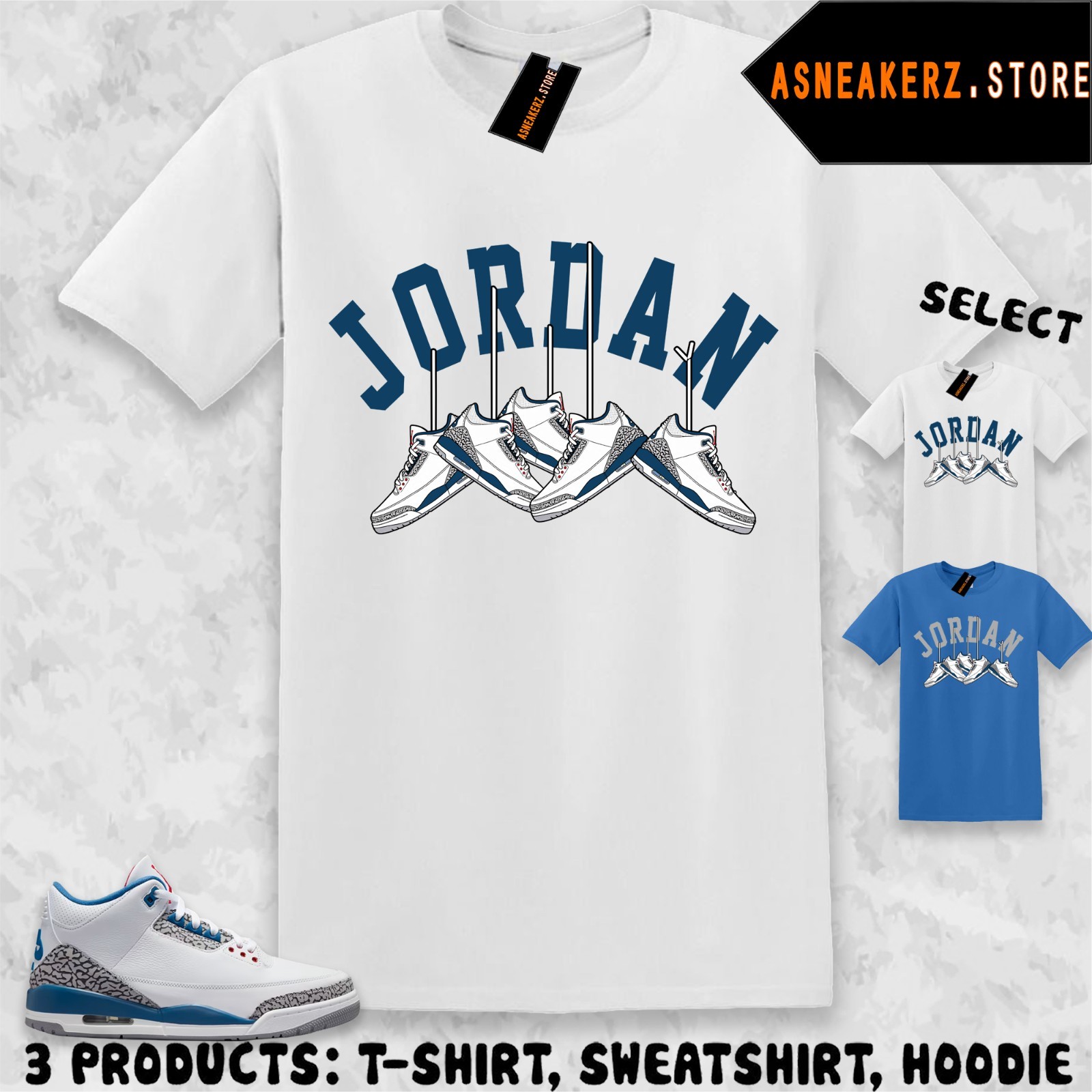 Tee Shirt Matching AJ 3 OG True Blue 2026 To Match Sneaker Shoe Hanging T-Shirt