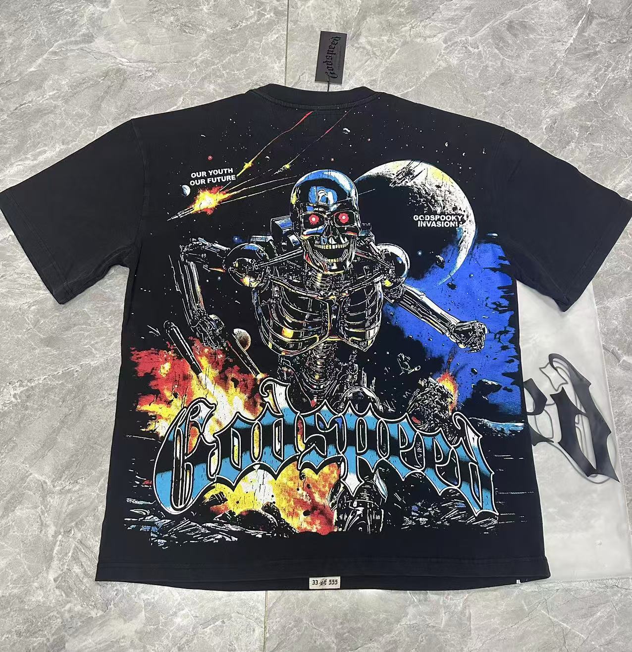 2025 NEW Godspeed Skeleton Space Warrior printing Tee Mens Cotton T-shirt