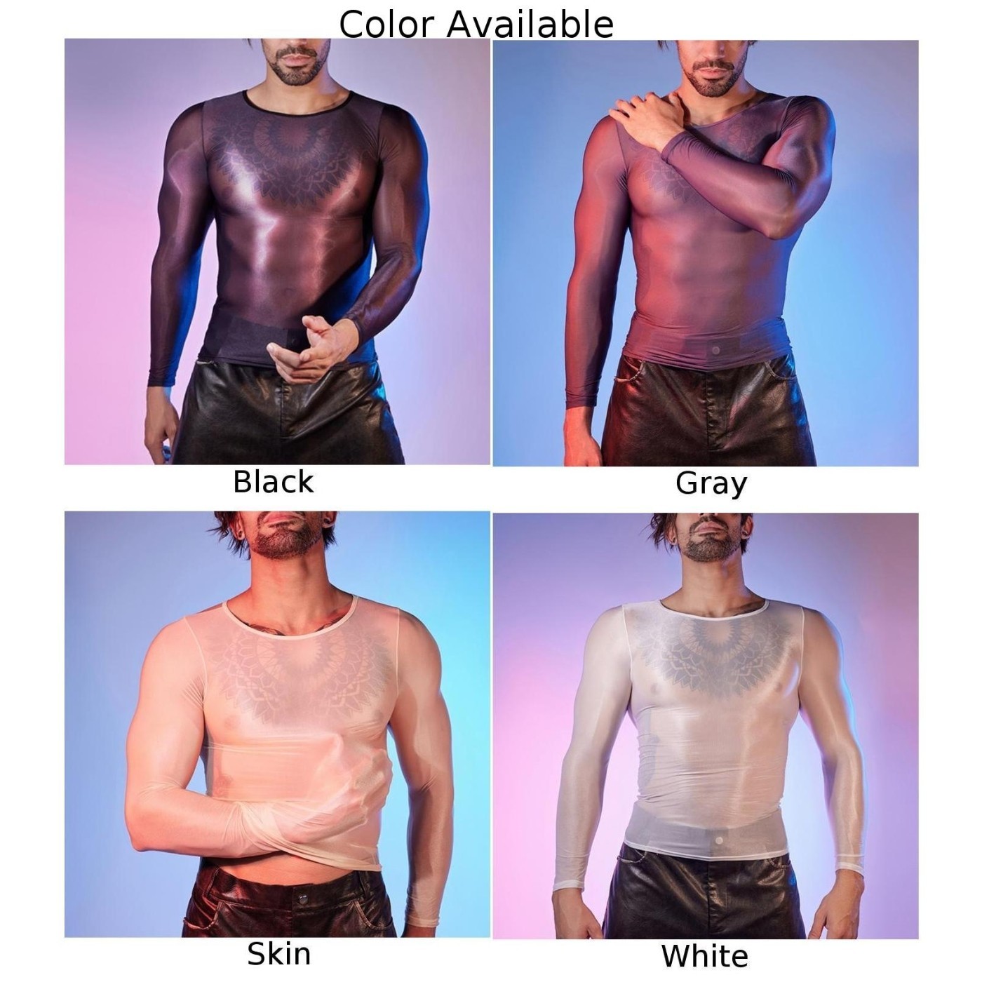 Long Sleeve Men’s Sexy Lingerie Top O Neck Tight Sheer Shirts Oil Shiny